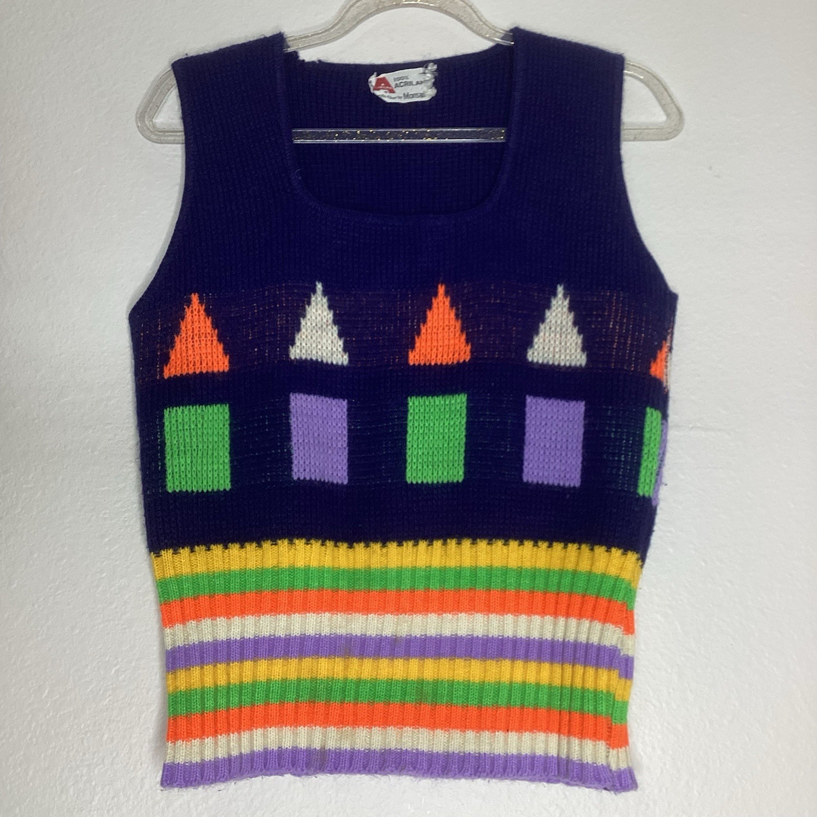 Vintage Square Neck Sweater Vest Stripes Geometric Acrylic Sm