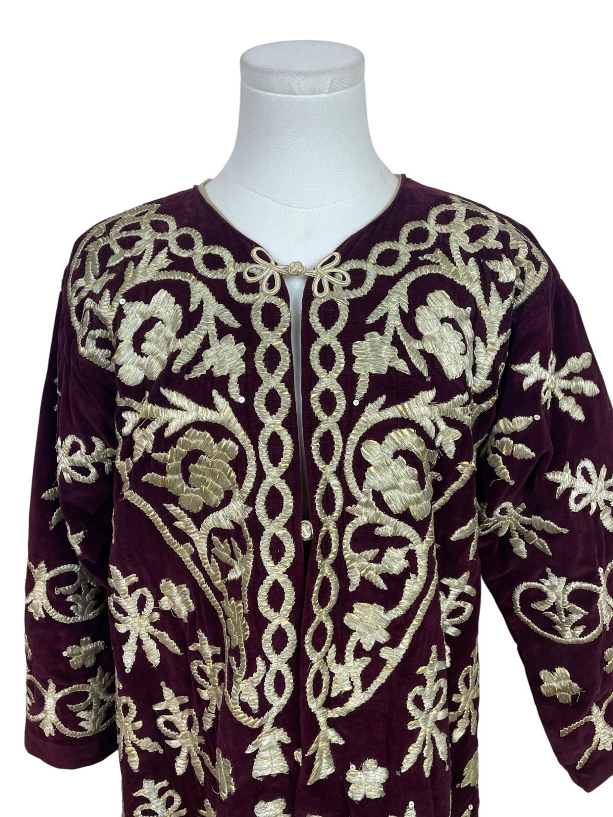 Vintage Women’s Velvet Burgundy & Gold Tone Embroidered Kaftan Dress
