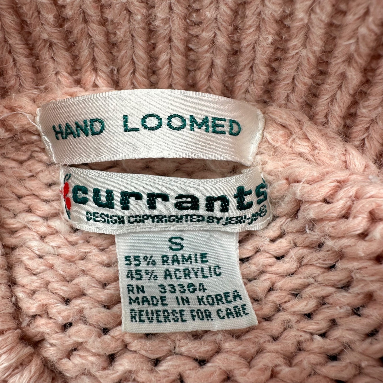 Vintage Pink Cable Knit Sweater Small Currants Hand Loomed Cottage 1980s Korea