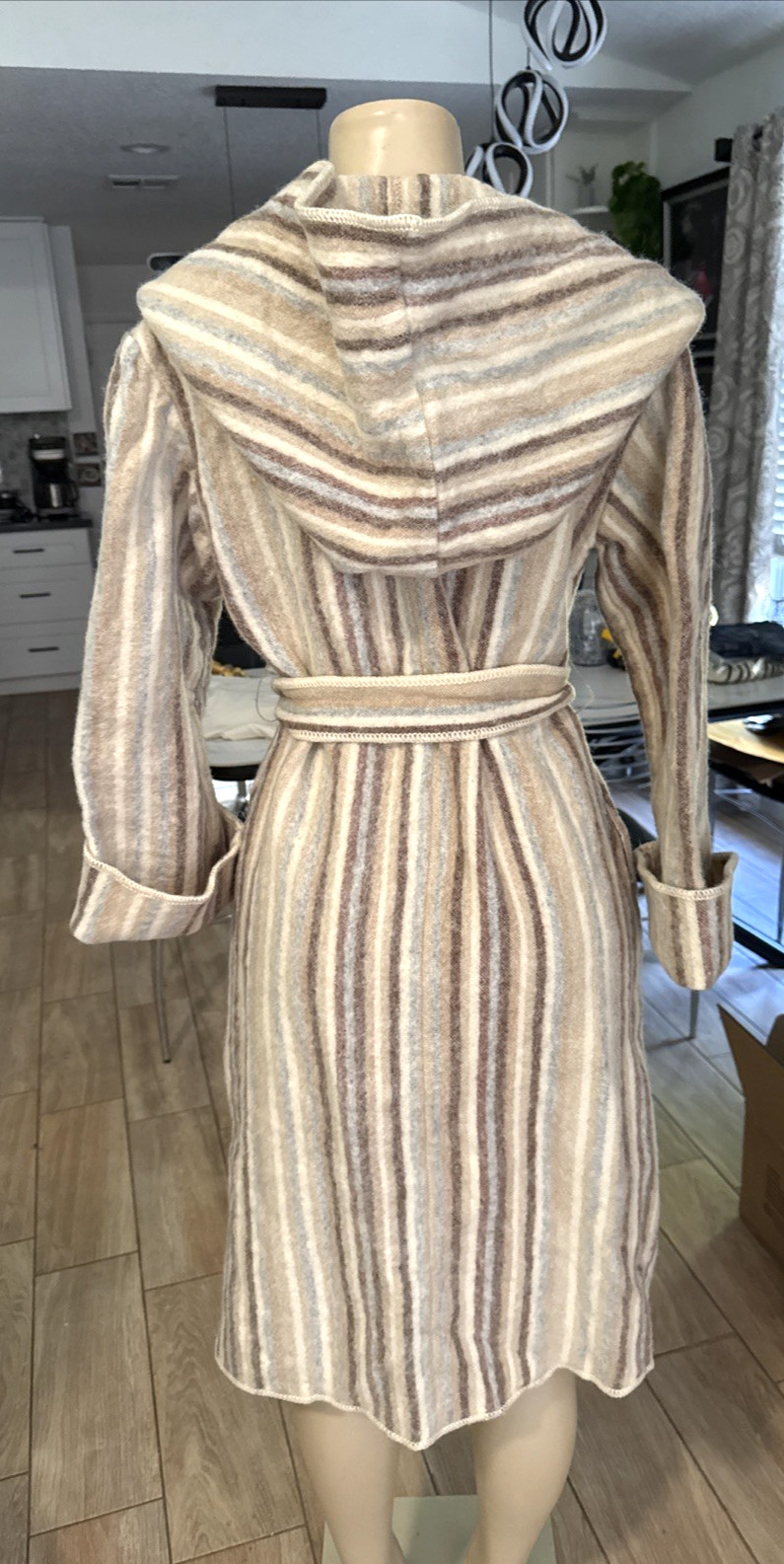 Vintage 70s Casa de Lana Wool Striped Hooded Coat Tie Sz 7 HTF pl