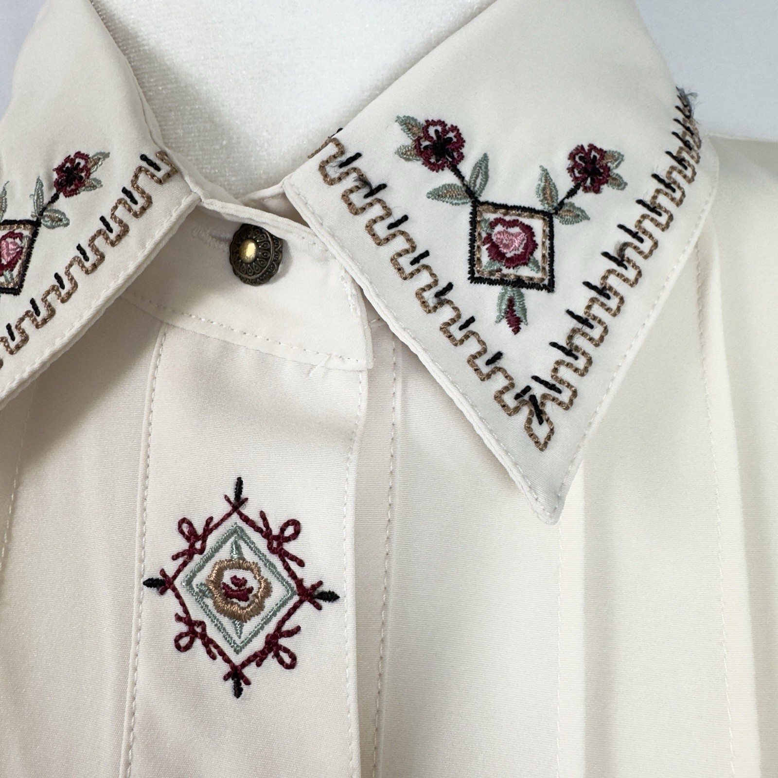 Koret Vintage Blouse Sz 10 Ivory Embroidered Collar Pin-Tuck Western Style