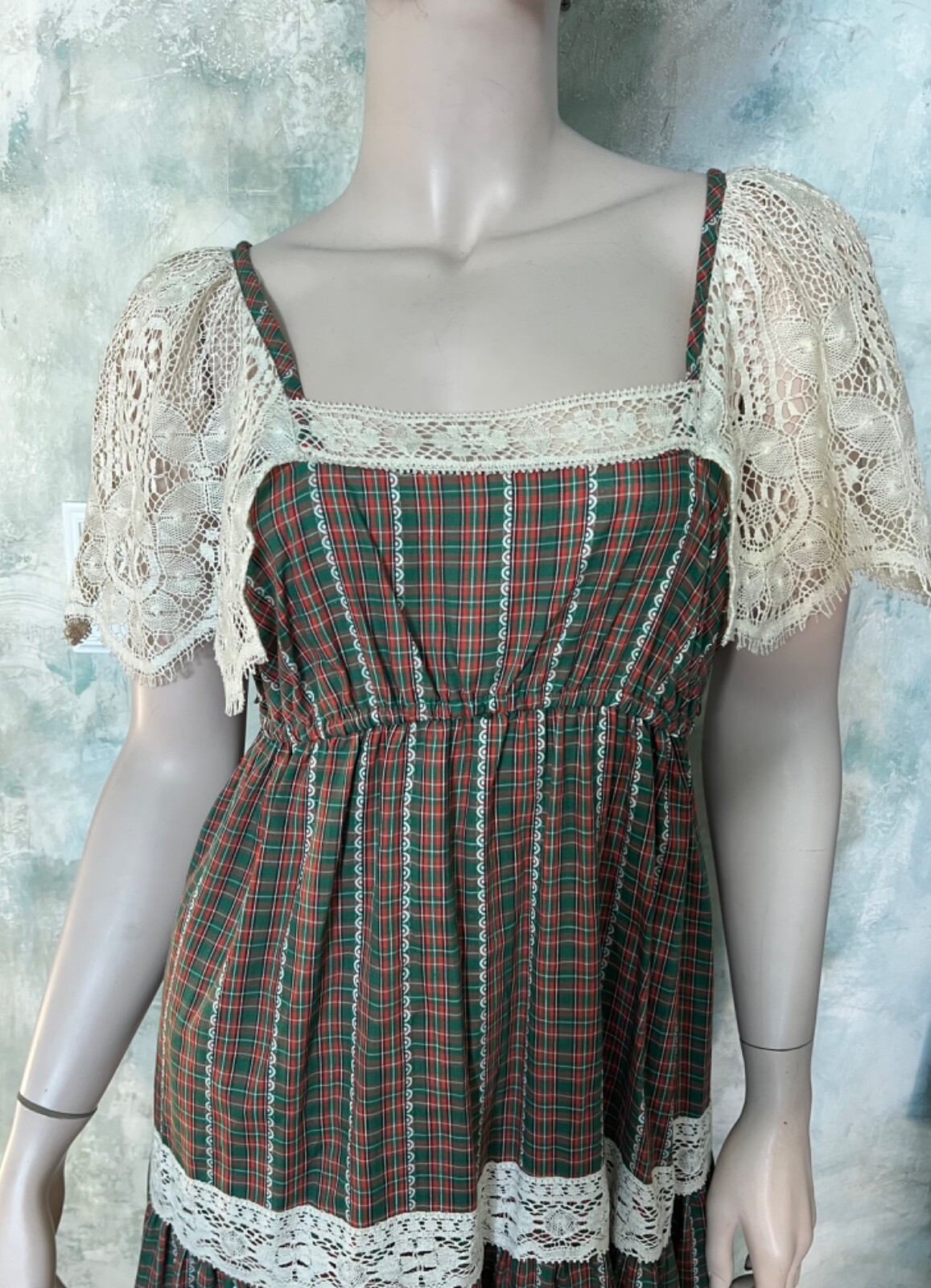Vintage 70’s Green Plaid and Lace Prairie Maxi Dress Trivia by Charm S