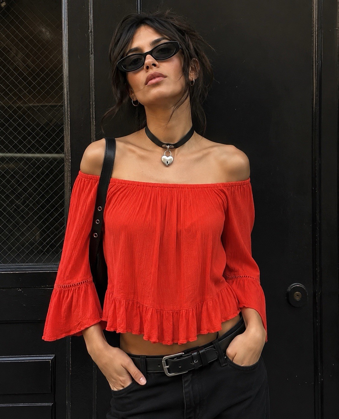 Vintage Blouse Gypsy Peasant Top Spanish Flamenco Boho Ruffle Off Shoulder Red M