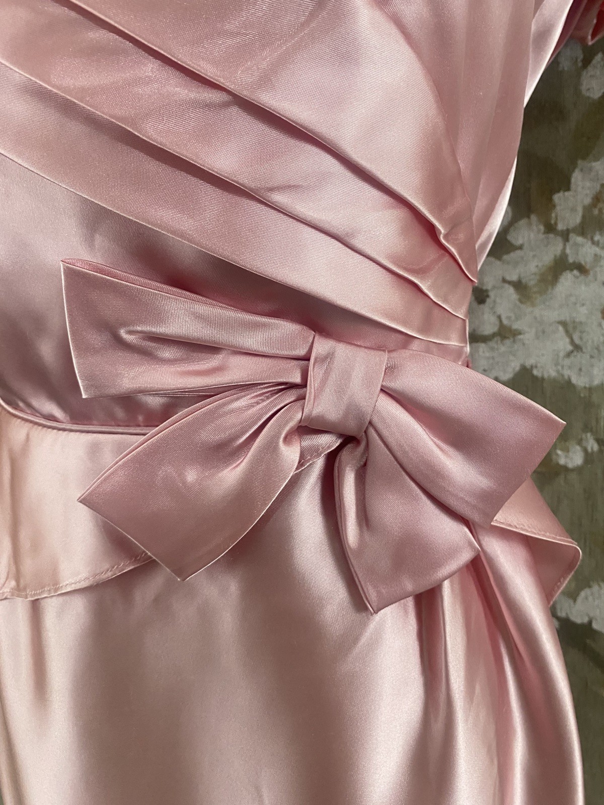 VTG 70’s Pink Satin Union Made Coquette Back Cascade Prom Bridesmaid Dress S