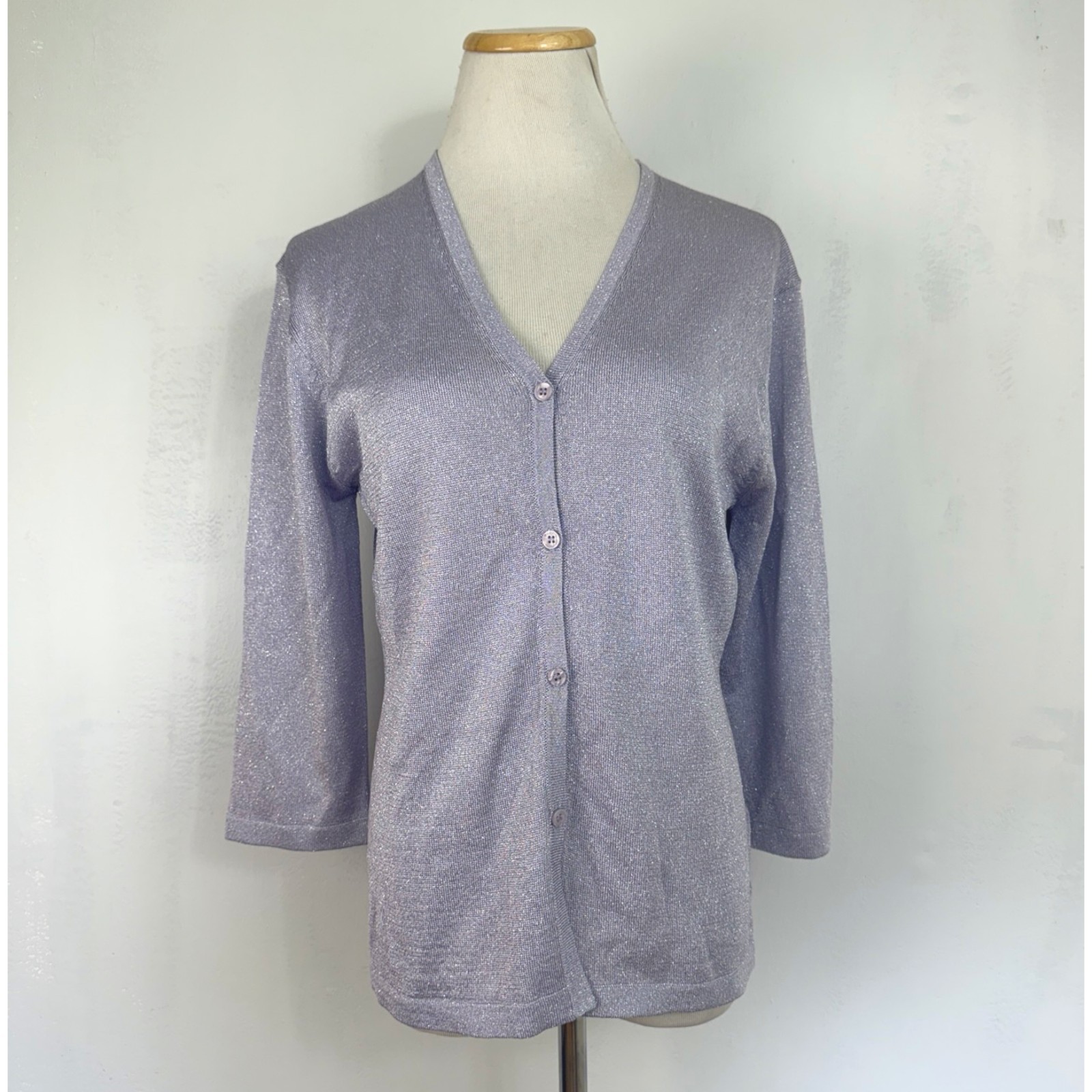 Vintage Lavender Metallic Silver Cardigan Size Medium Knit V-Neck 3/4 Sleeves
