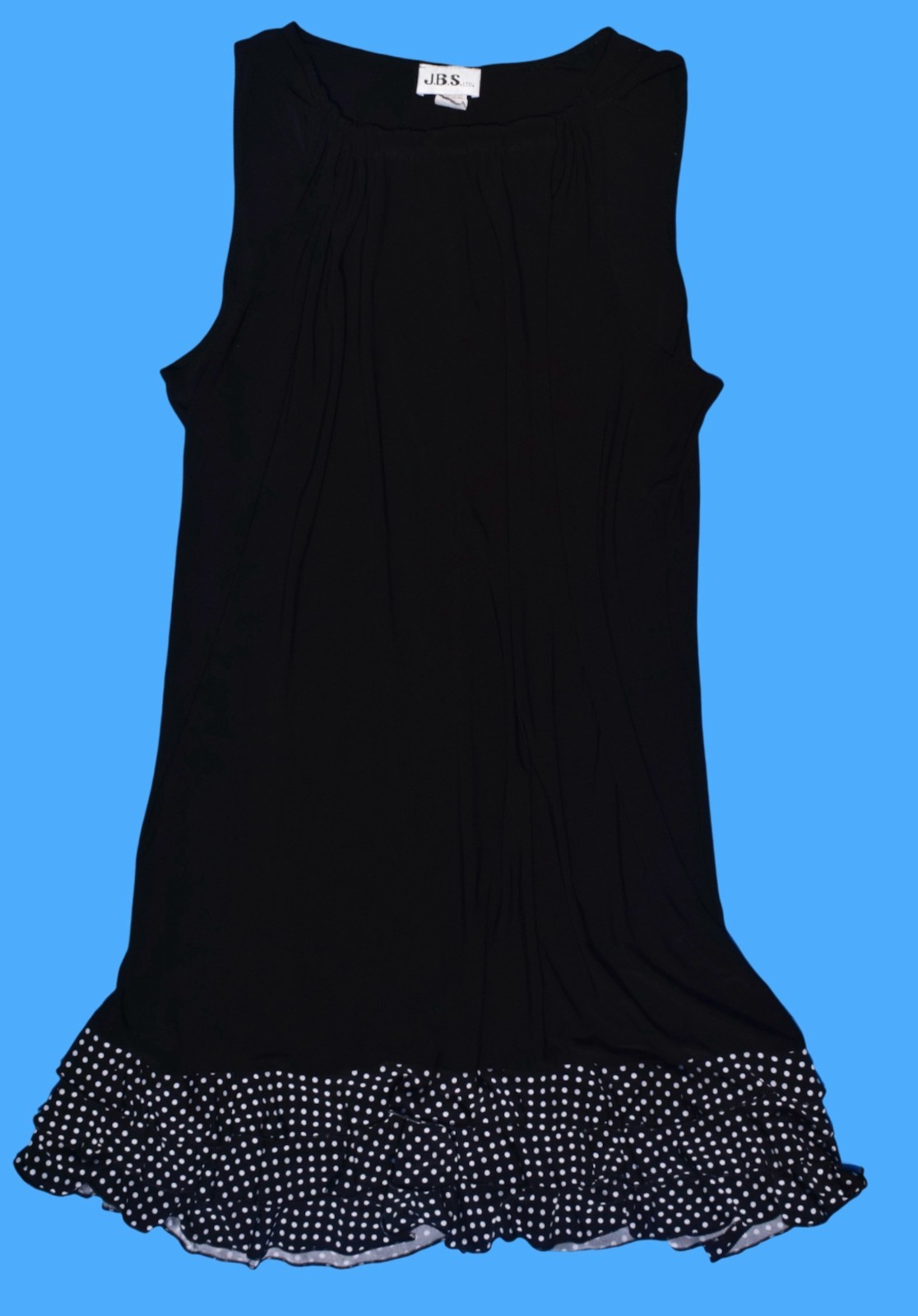 90s Vintage Black Sleeveless Drop Waist Dress with Polka Dot Tiered Hem