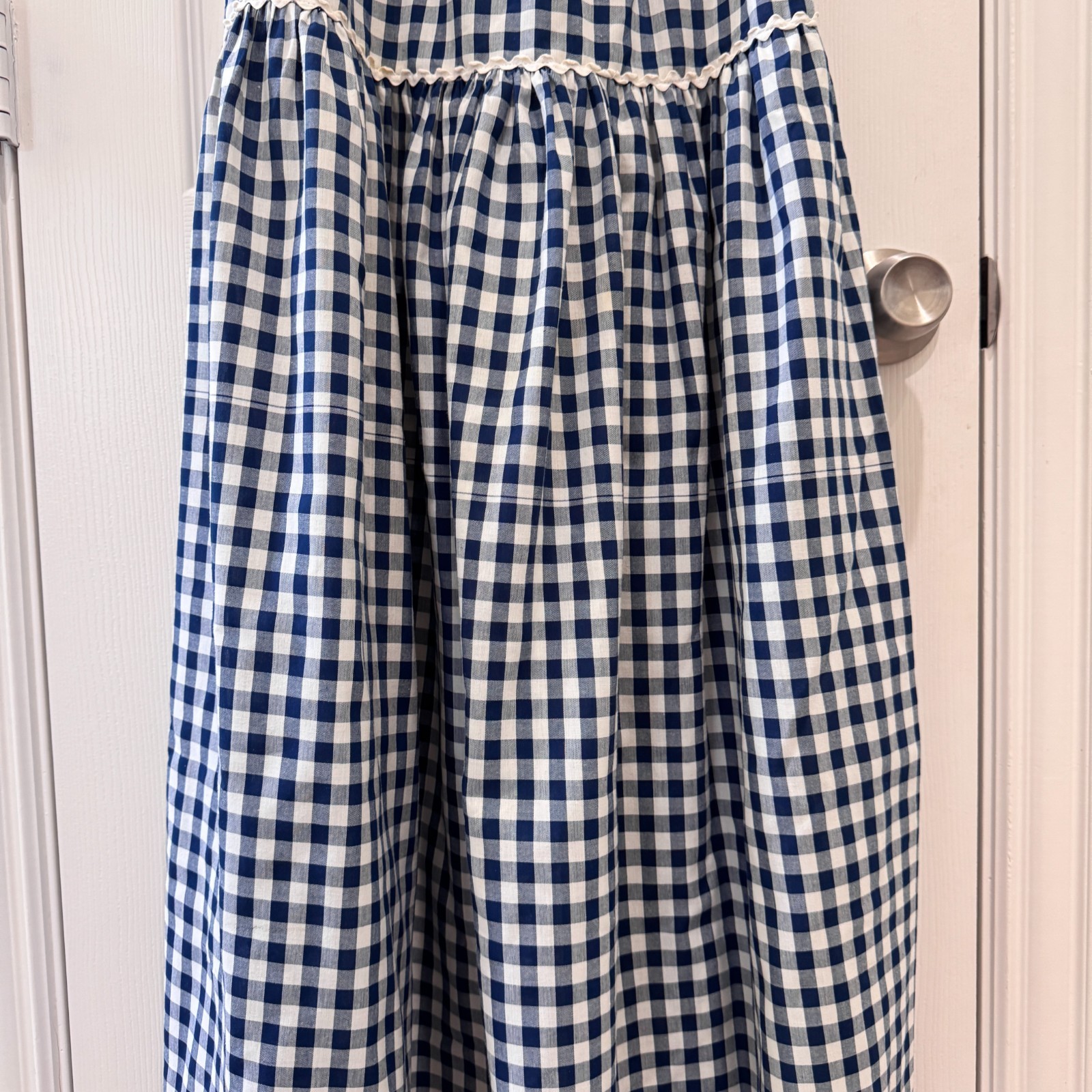 Vintage Handmade Blue White Gingham Prairie Maxi Dress Puff Sleeve XS 70s Style