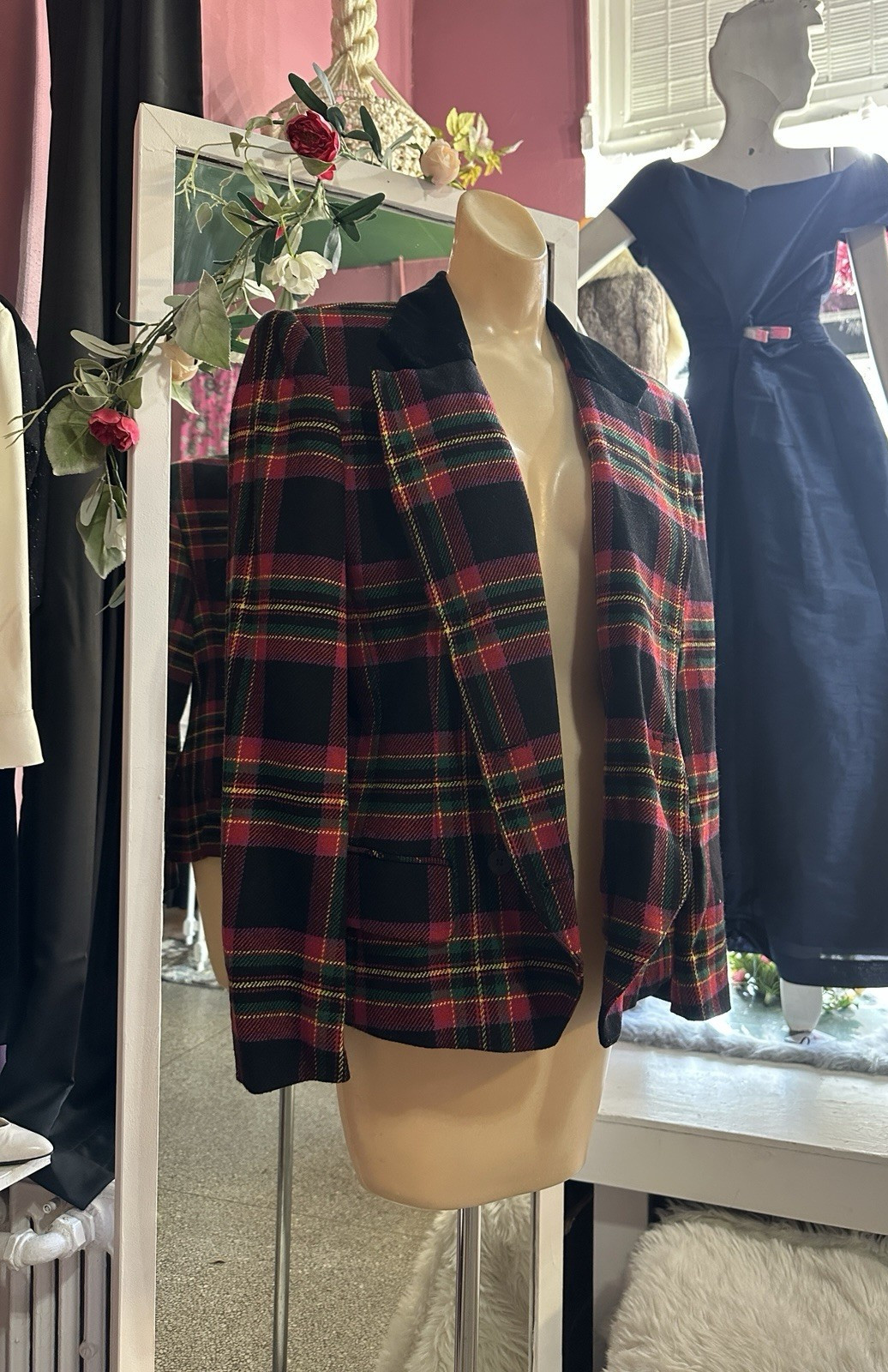 Vintage 80s 90s Structured Blazer Plaid Purple Green Holiday Tailored Diana M