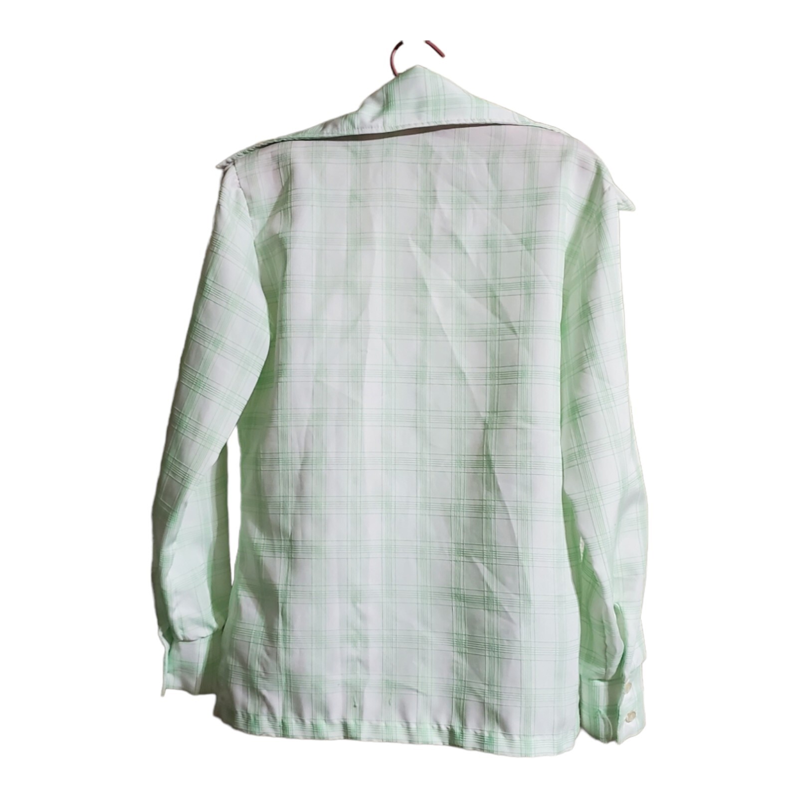 Vtg Green Plaid Button Up Shirt Pointed Collar Lightly Textured Small ? Women’s
