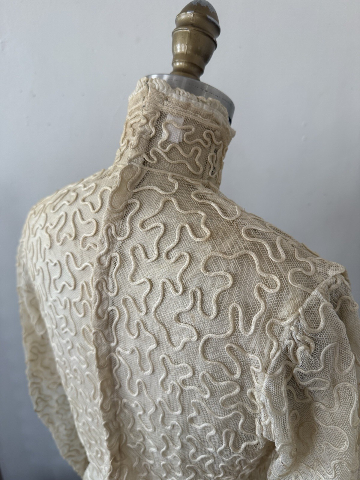 Antique Sheer Net Lace Blouse Top Cord Soutache Embroidery Art Nouveau Bridal XS