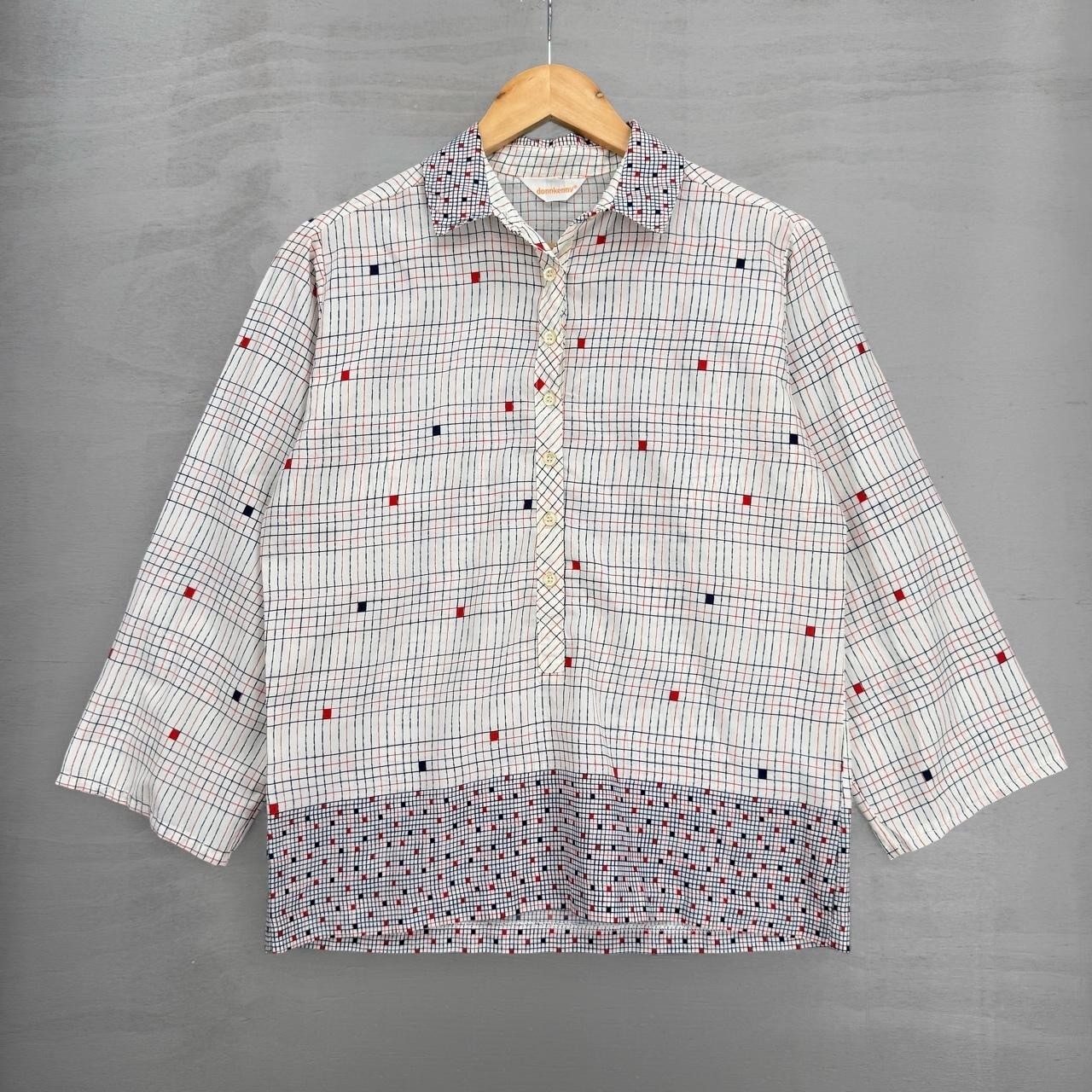 Donnkenny Vintage Popover Blouse White Red Navy Geometric Grid Print L