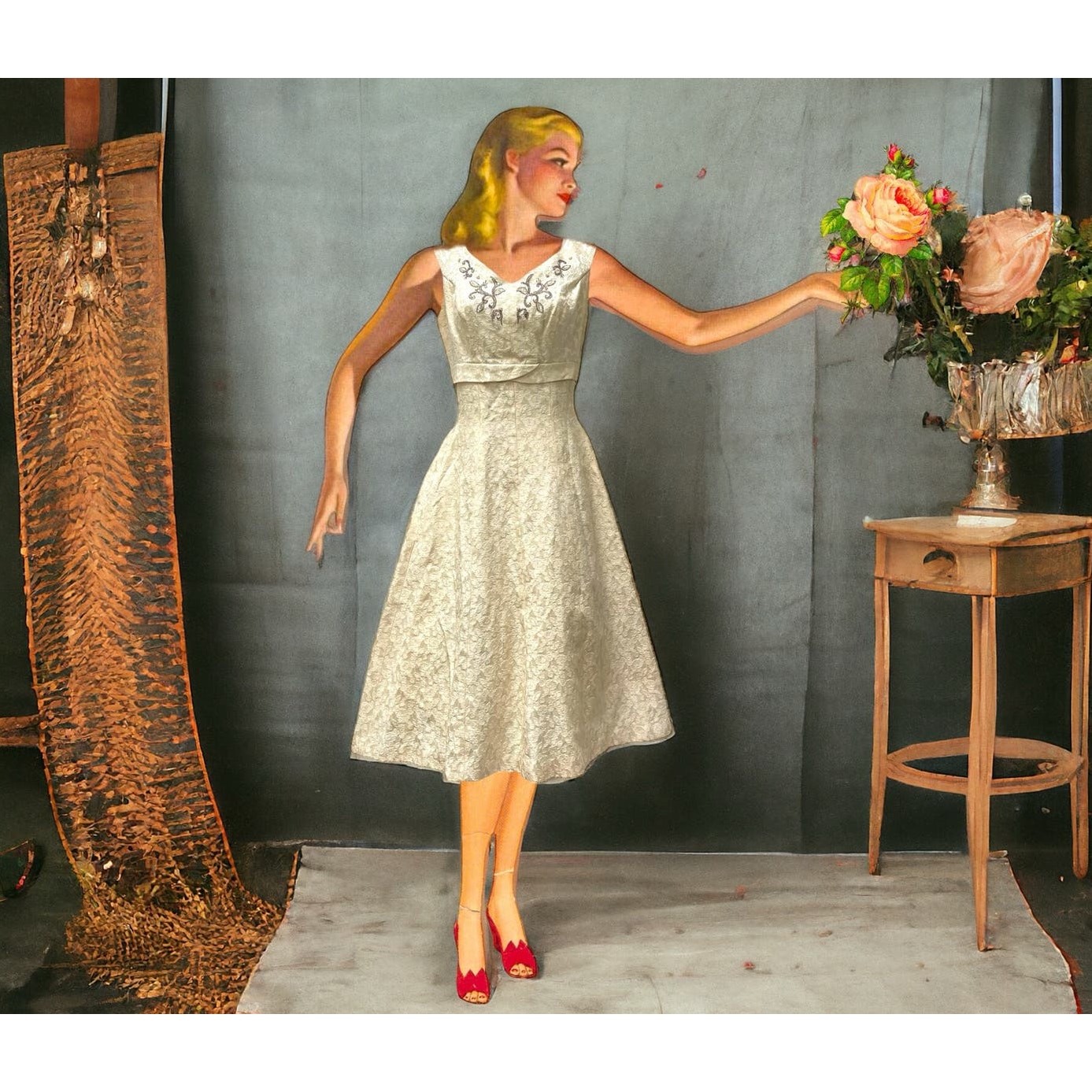 White Jacquard Tea Dress Sweet 1950s Vintage Beaded Bodice Sz MEDIUM Madmen