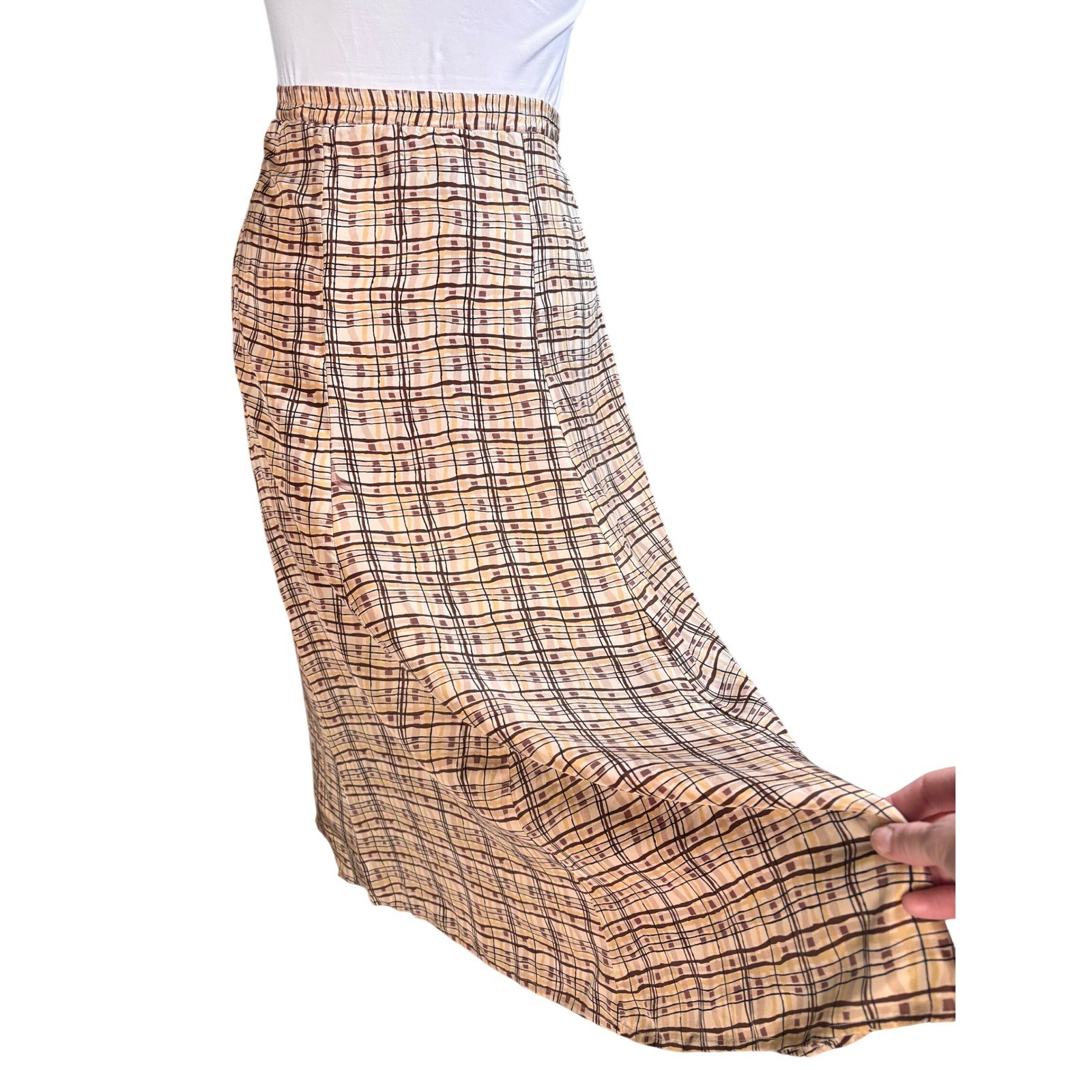 Plaid A-Line Melrose Studio Petites Button Side Tan Brown Midi Skirt Vintage