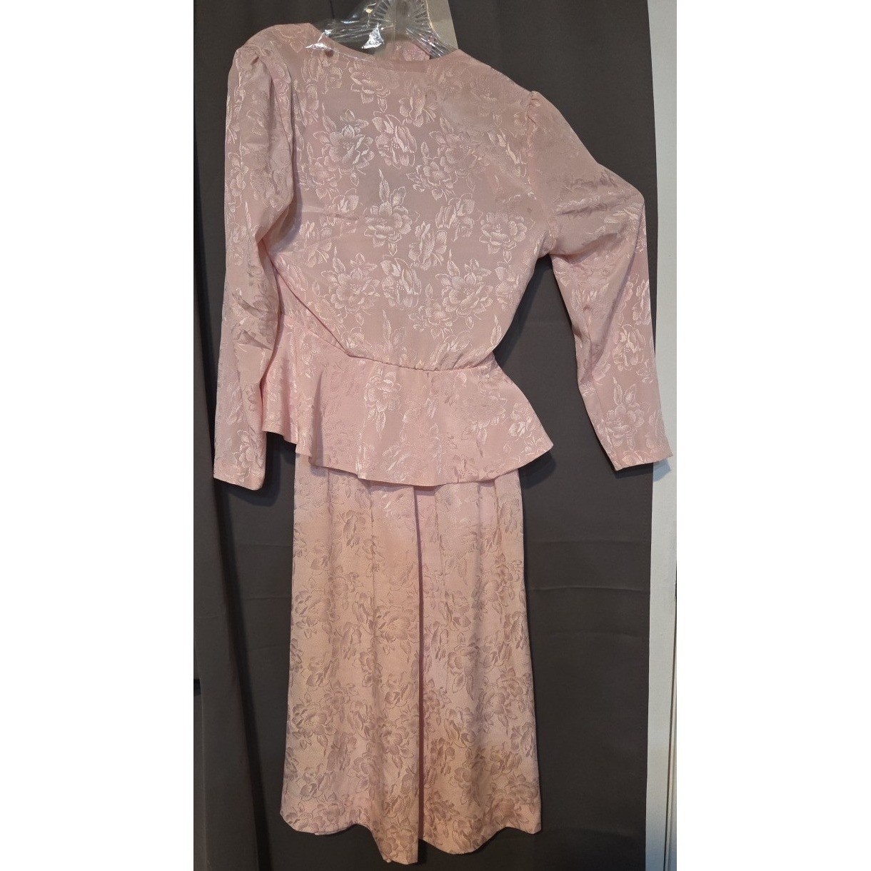 Jerrie Lurie Pink Floral Jacquard Peplum Top and Midi Skirt, Vintage Women’s Set