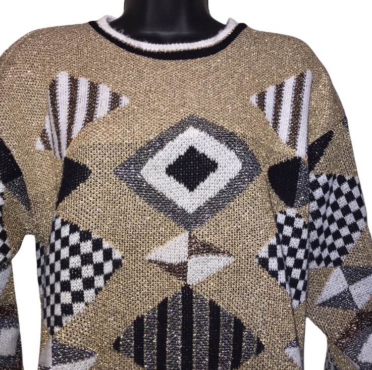 Vtg 80s/90s Beldoch Popper Metallic Geometric Gold/Black Grandma Sweater~Sz L