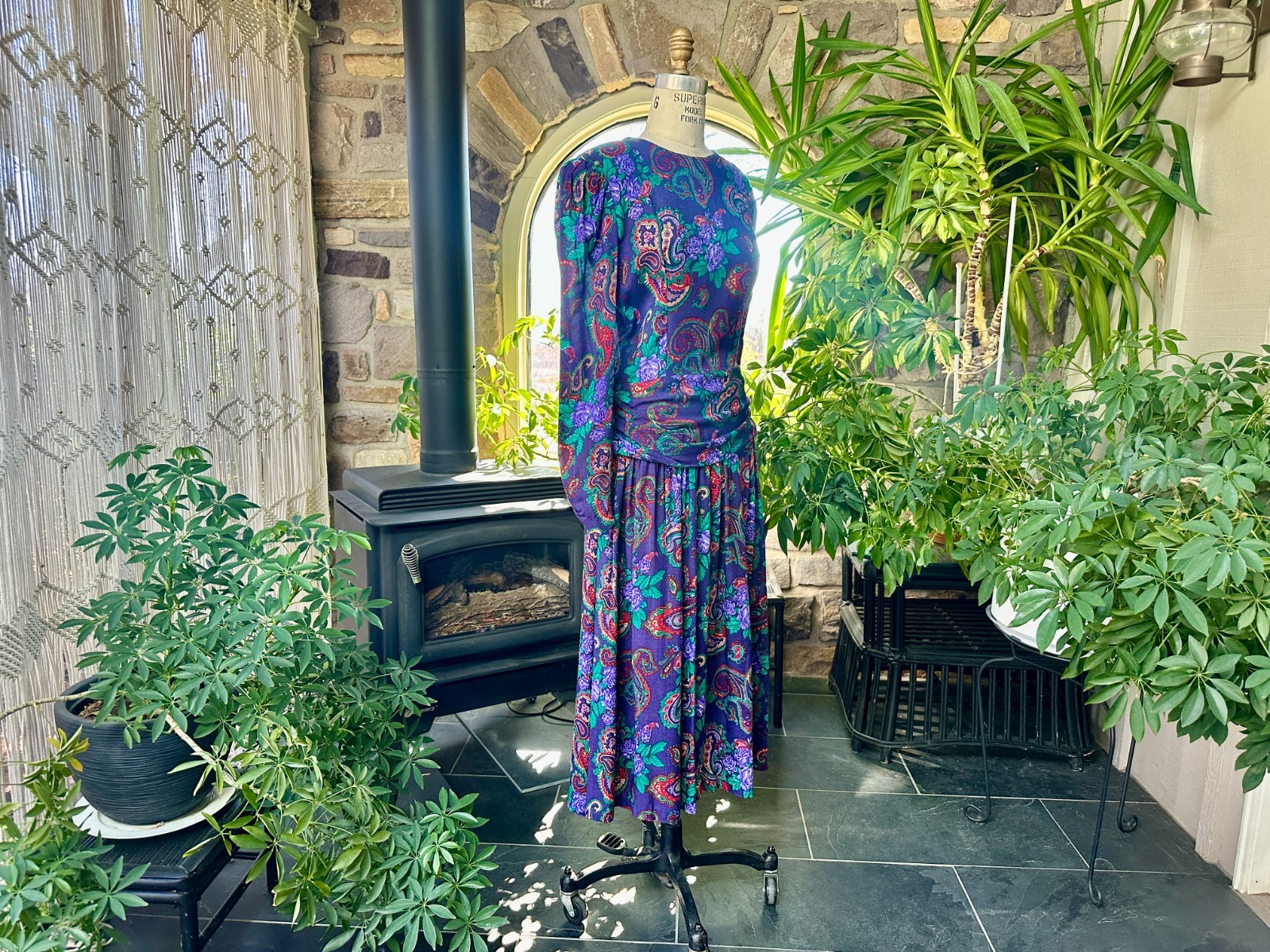 Vintage 1980s Purple Green and Red Paisley Rayon Dress Expo