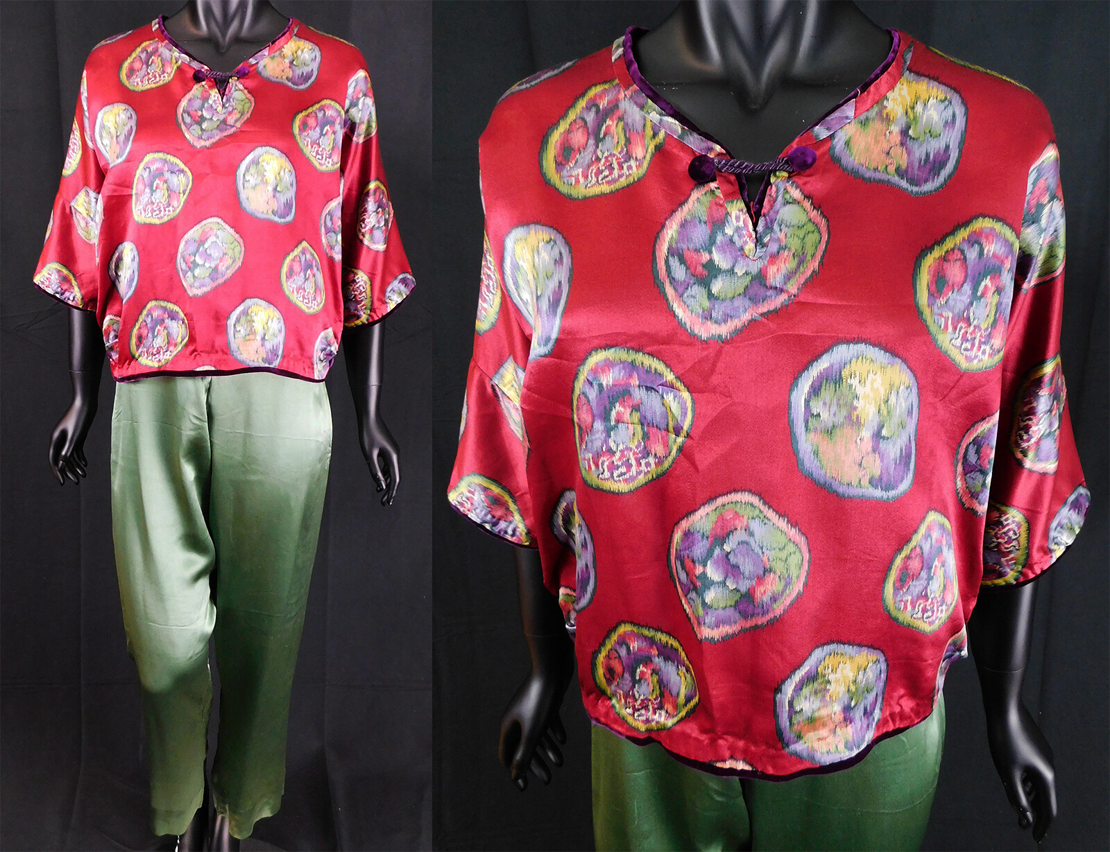 Vintage Silk Moire Floral Roundels Print Beach Pajamas Palazzo Pants Loungewear