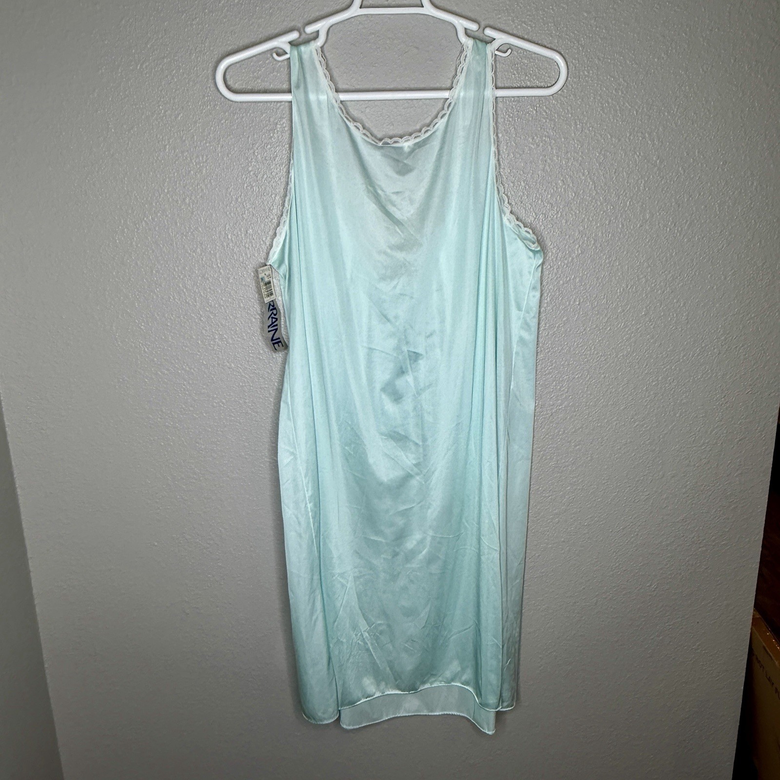 VTG Lorraine Aqua Lace Trim Nightgown Nylon Slip Dress 1X USA Coquette Pastel