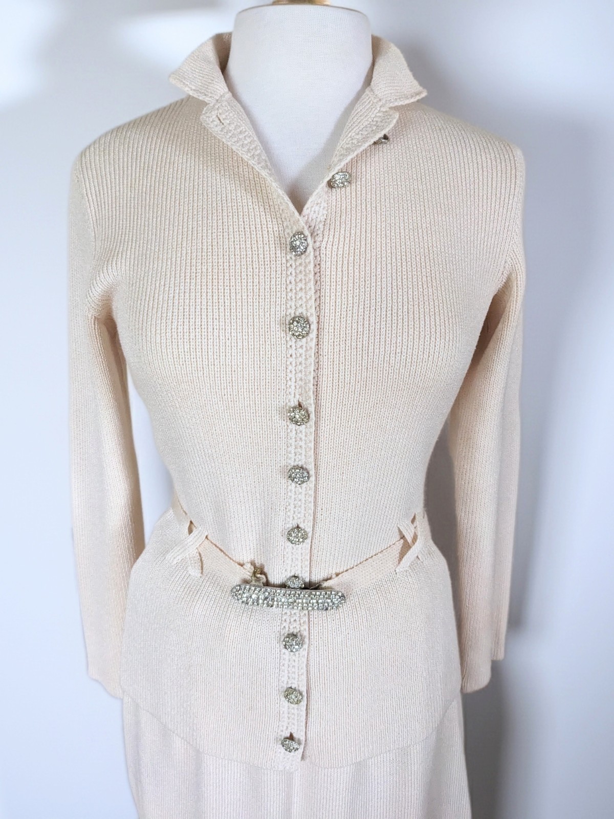 Vintage 80s St John Knits Lillie Rubin Cream Rhinestone Maxi Dress Set