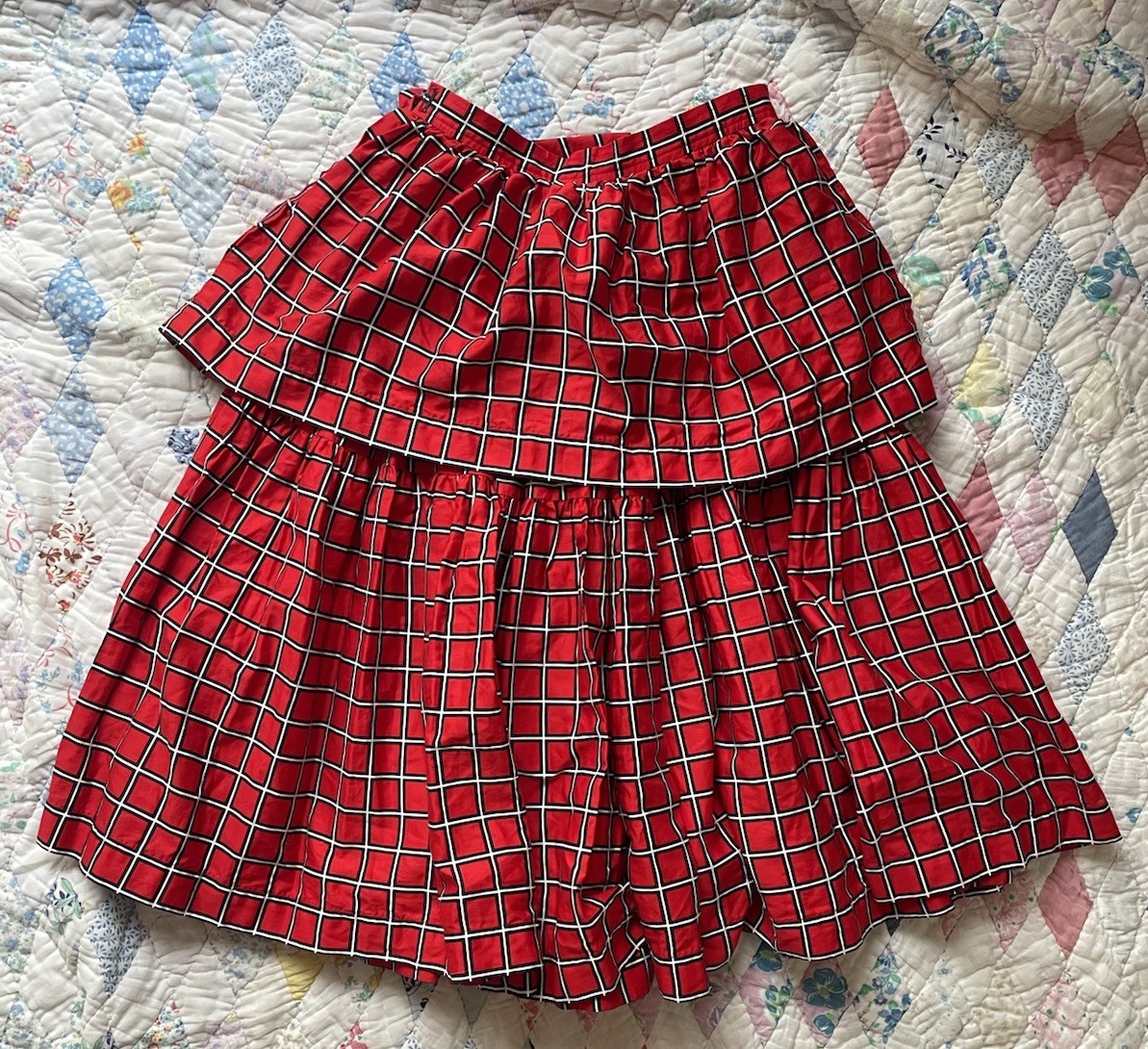 Vintage 70s Yves Saint Laurent Red Black White Grid Tiered A Line Skirt