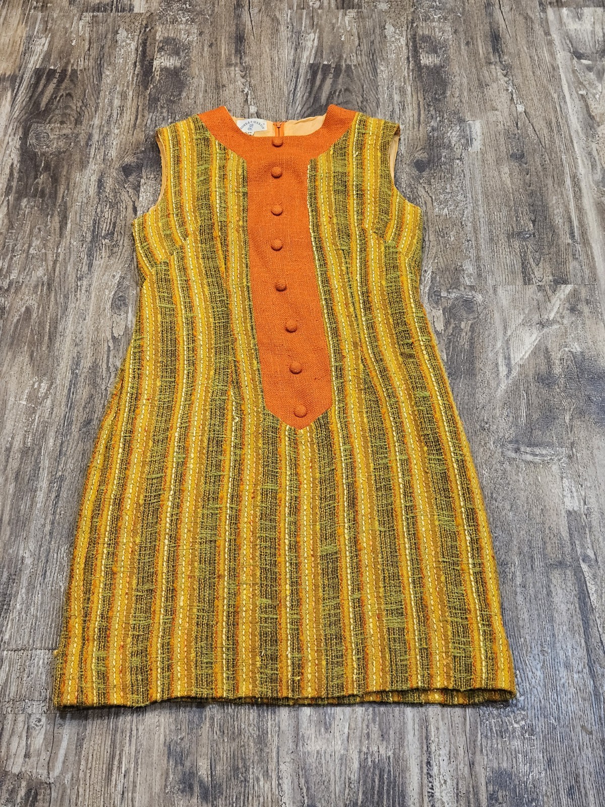 VINTAGE 1960’s Pamela Martin Woven Sleeveless Dress Size 14 Orange Green Hippie