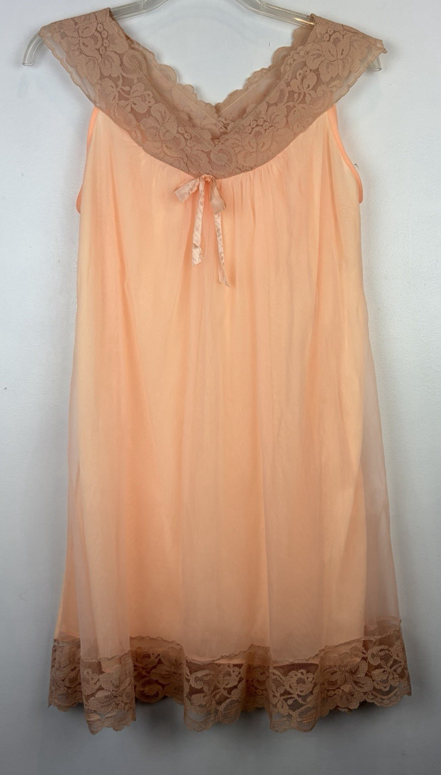 Vintage Babydoll Nightgown Womens Small Chiffon Nylon Lace Shift Dress Peach USA