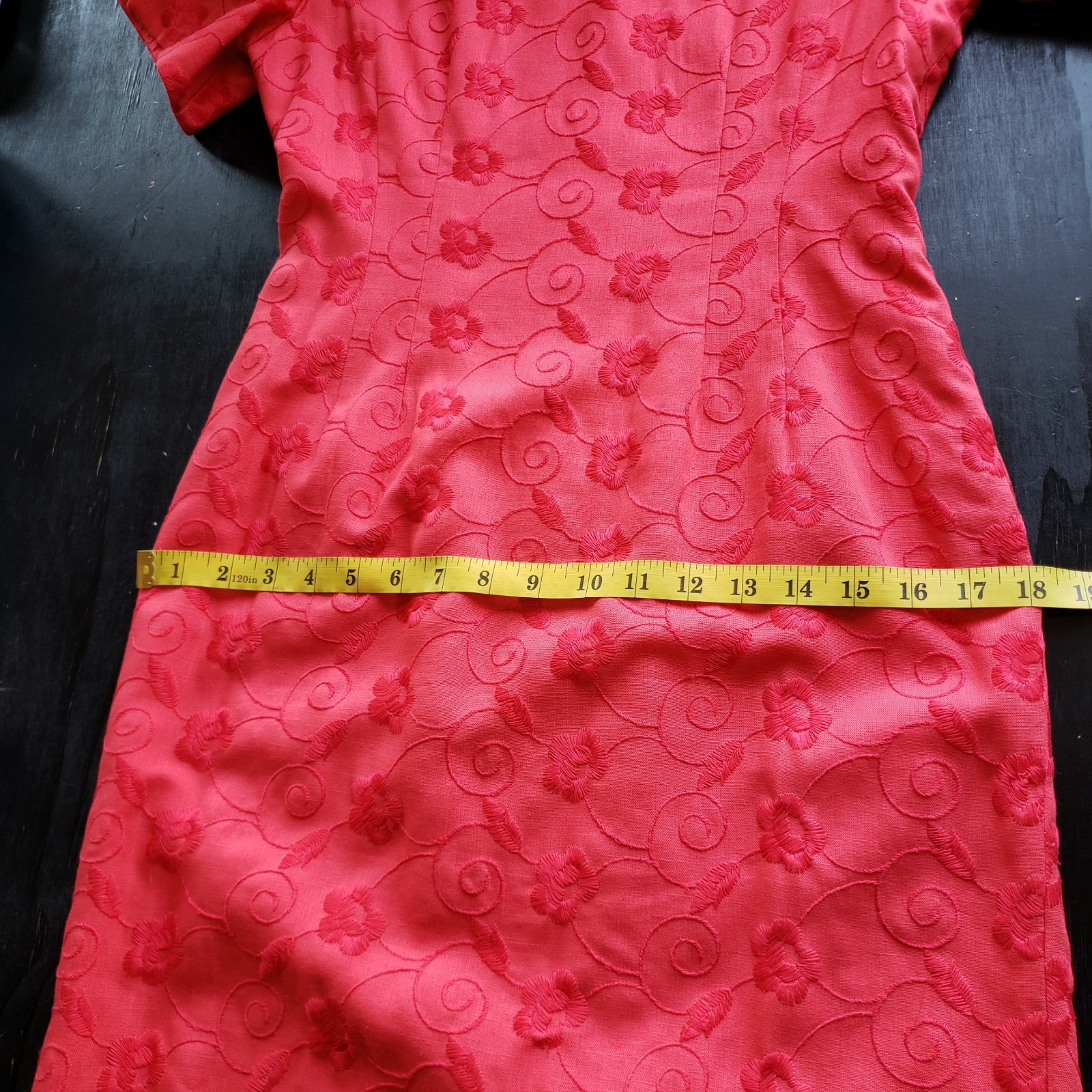 Oberon Dress 6 Embroidered Linen Blend Sheath Poppy Red Short Sleeve Knee Length