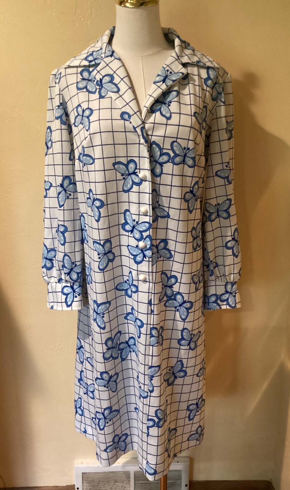Vintage 70s “Prissy” Blue And White Butterfly Checkered Button up Shirt Dress