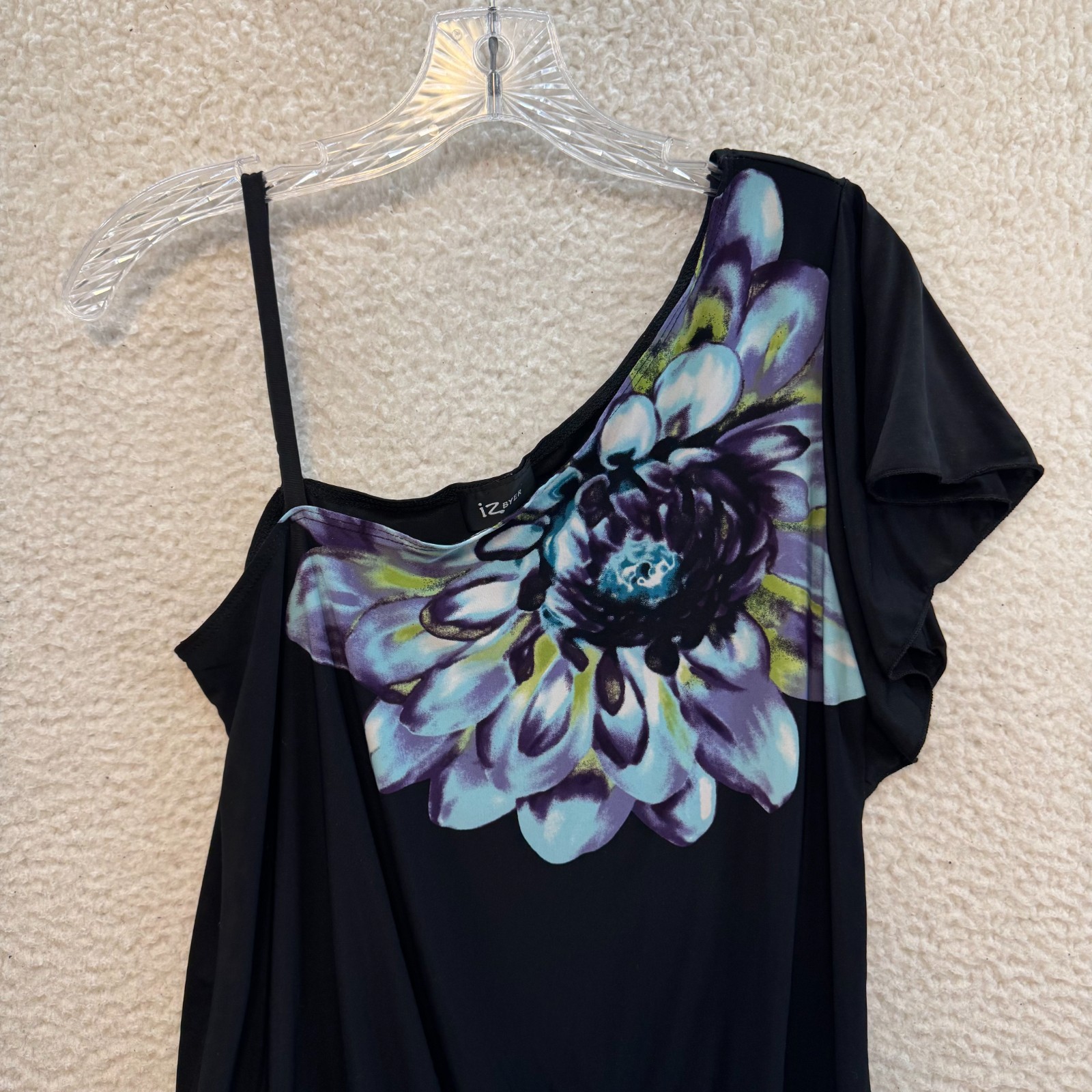Y2K Vintage One Shoulder Top Medium Black Slinky Stretch Floral McBling Bimbo