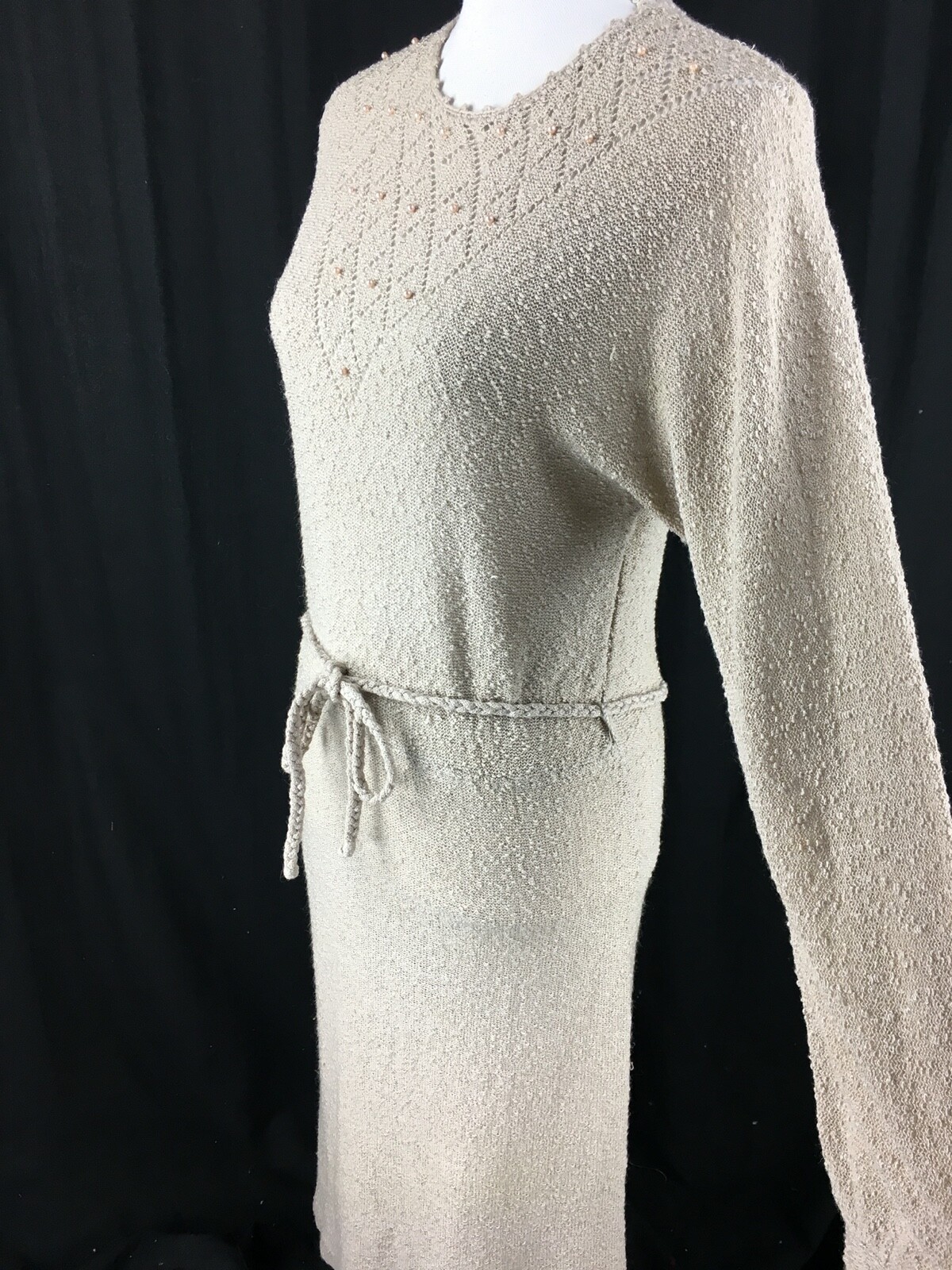 VTG 70s Just Mort Nubby Sweater Dress Sz S Faux Pearl Long Sleeve Belted Boho