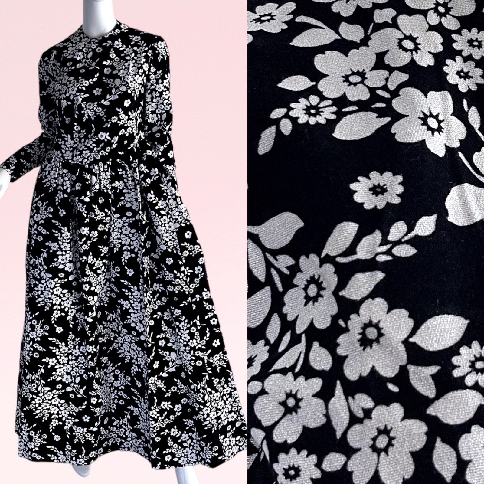 1970s Vintage Geoffrey Beene Boutique Metallic Velvet Floral Evening Party Dress