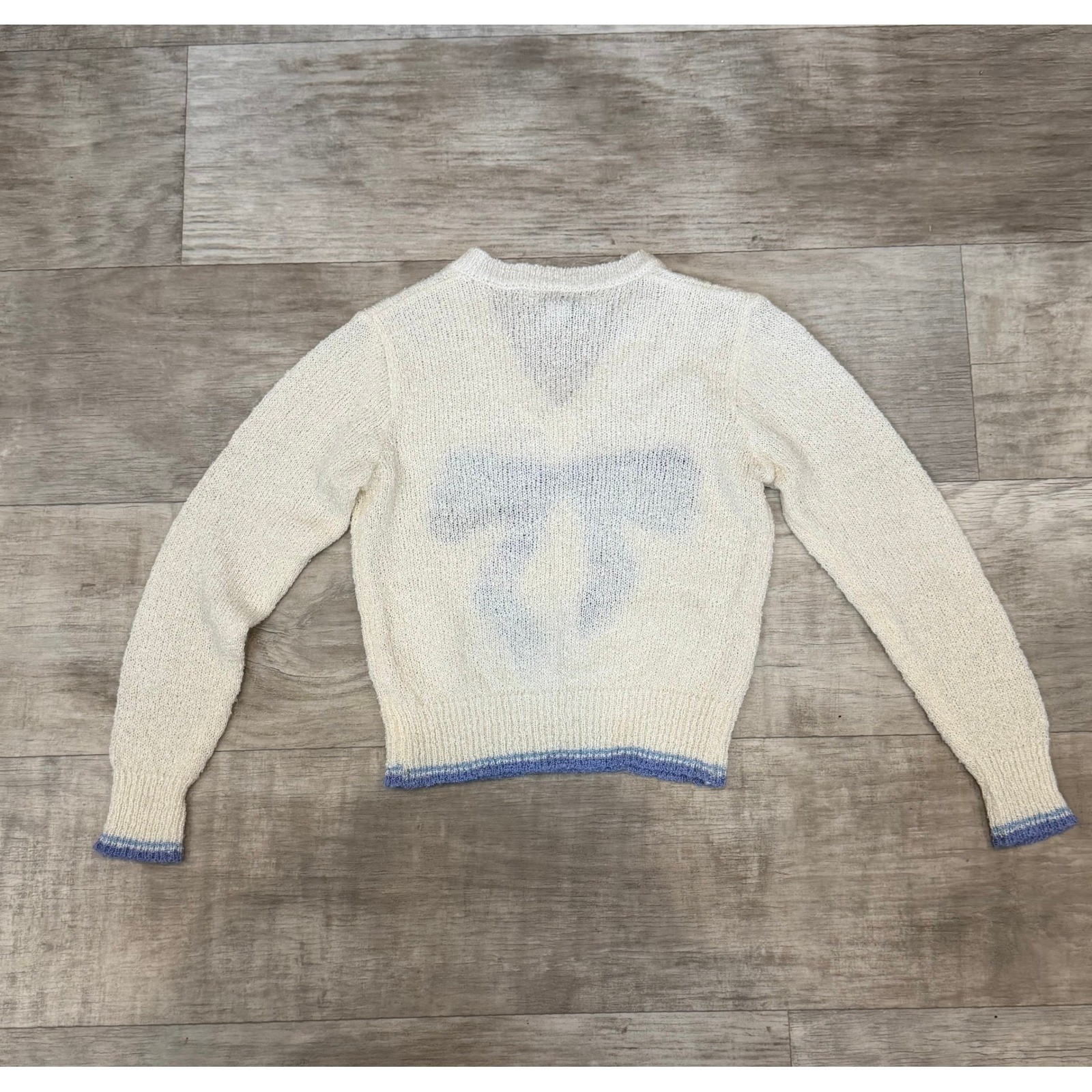 Vintage Women Small Cream Blue Bow V-Neck Knit Sweater Pullover 80s