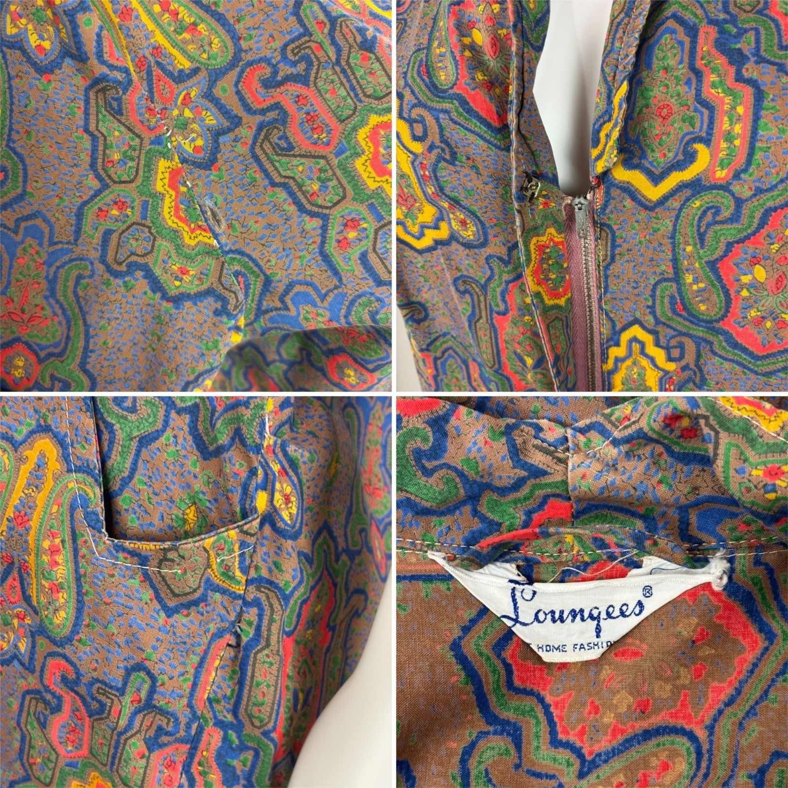 Vintage 50s Jumpsuit Womens L AS IS Multicolored Pattern Cotton Zip Up Casual