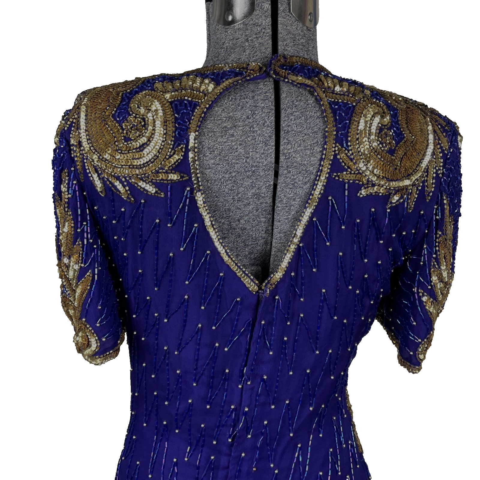 Vintage Lawrence Kazar Cocktail Dress Silk Beaded Sequins Size XS Purple Gold