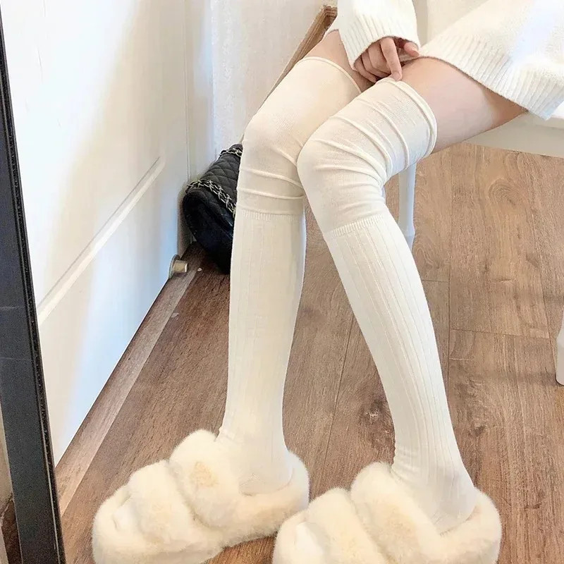 Solid Color Thigh High Stockings Women Trendy Casual Over The Knee Female Long