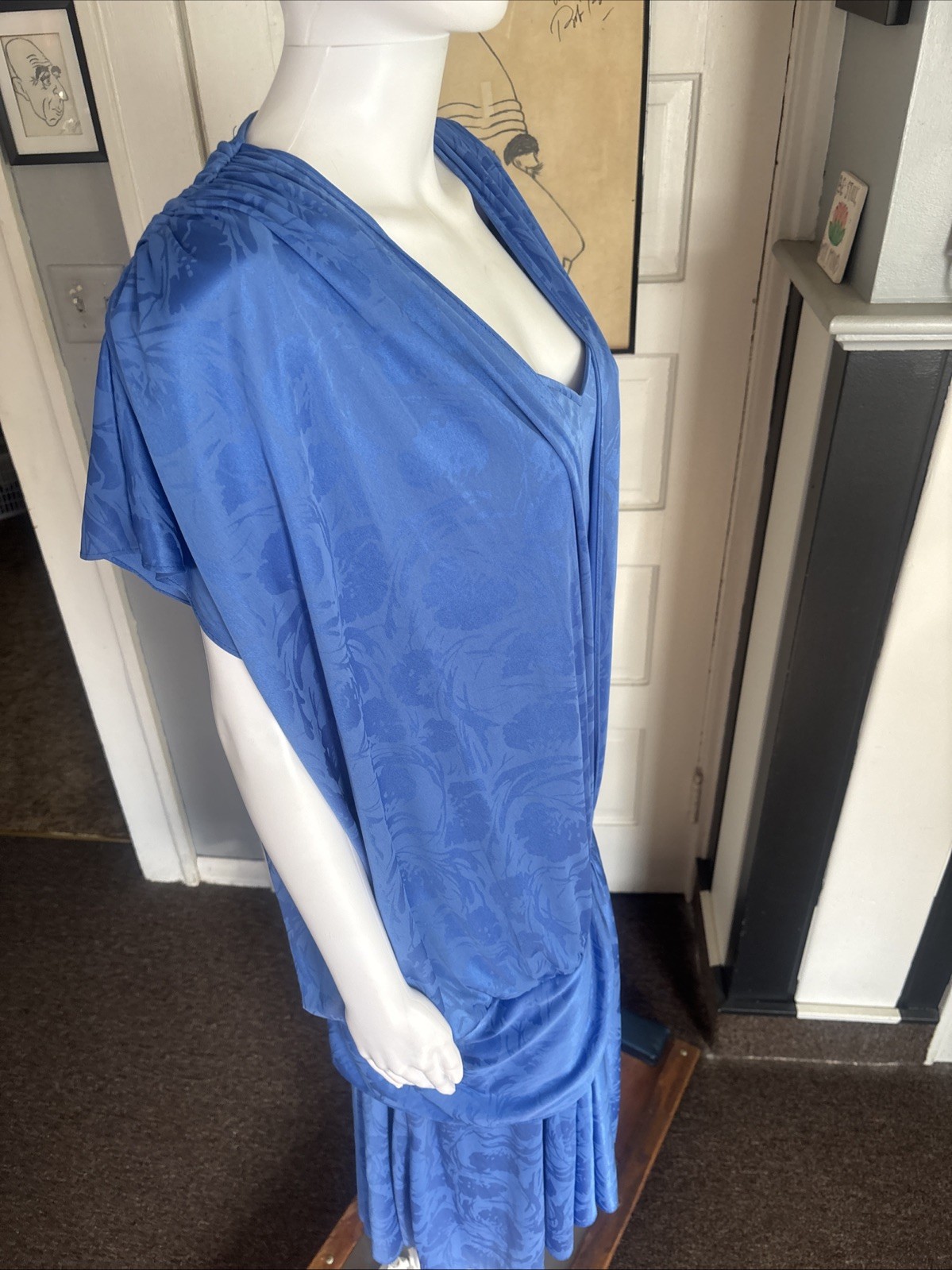 80s RICCARDO Drop Waist Dress Blue Size 16.5 USA made Silky Floral Shoulder Pads