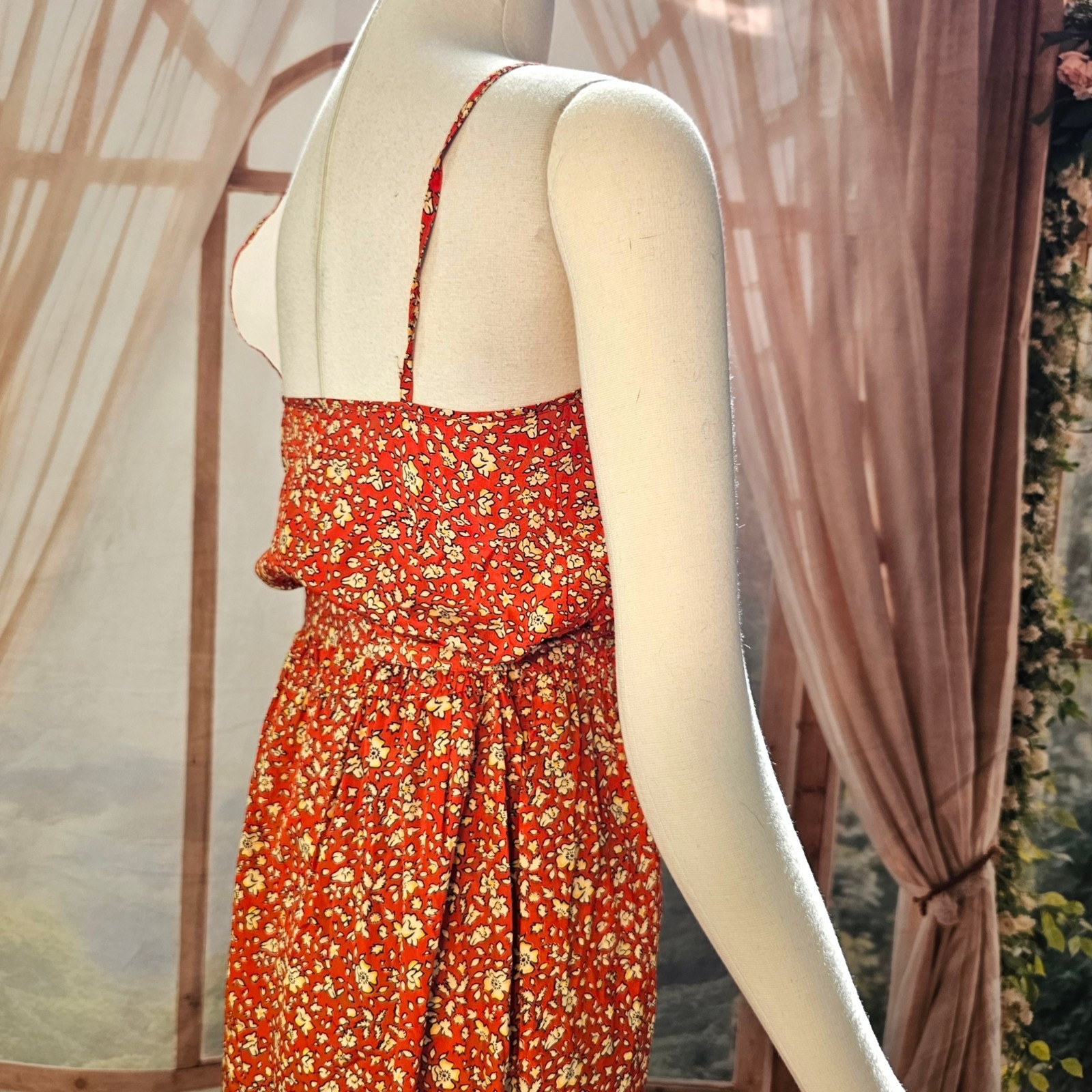 Vintage 1970s Dress Sundress Spaghetti Straps Tie Belt Red Cream Floral Boho
