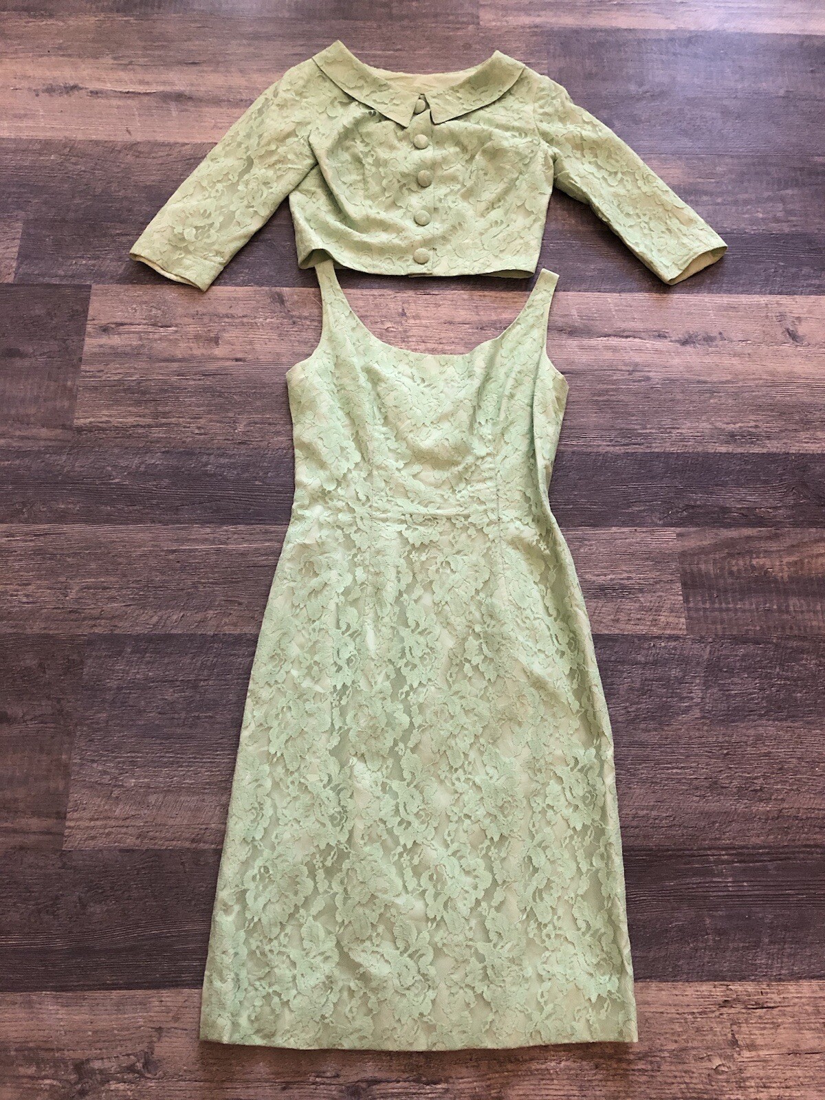 60s VTG Union Tag Sea Foam Green Lace Over Satin Jackie O~Dress&Jacket Set XS/S