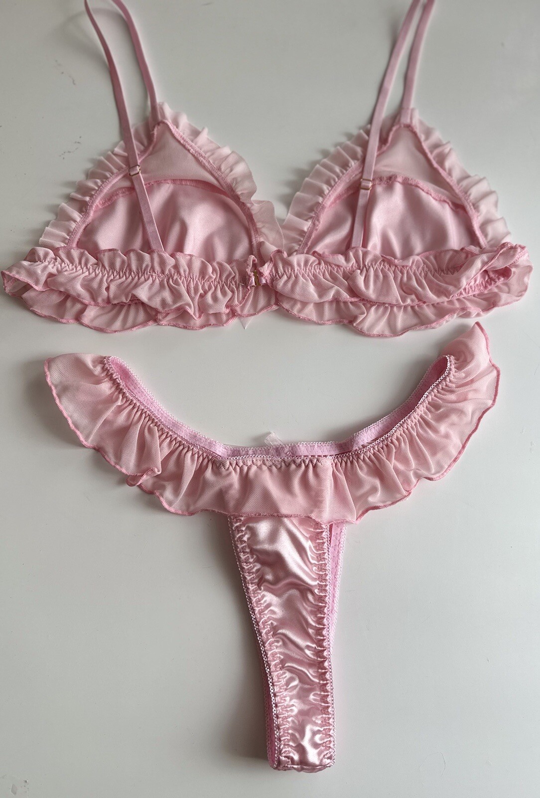 Large 7 L Shiny Satin Bralette Thong Panty Chiffon Ruffles Coquette Vtg Bra Set