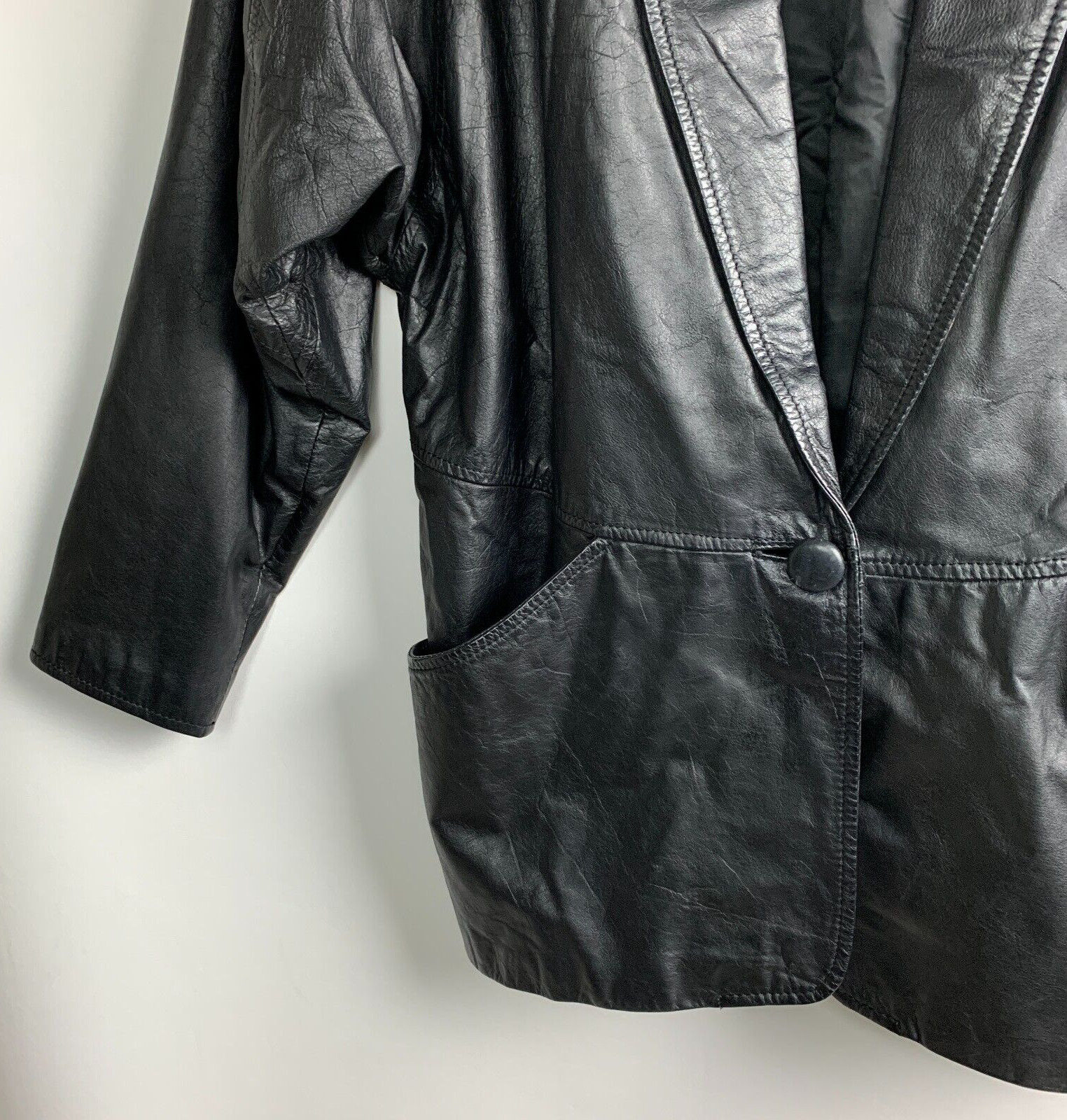 CC Hughes Vintage Jacket Black Leather Collared 1-Button Pockets Lined Size M