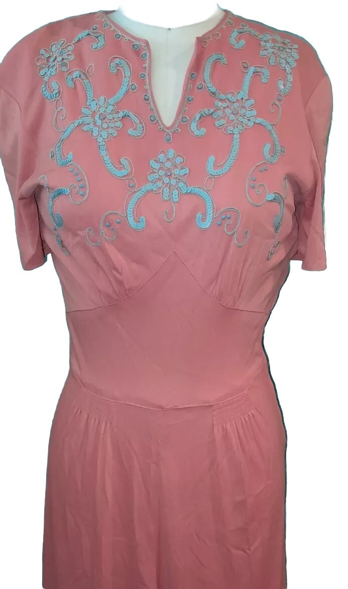 Vtg 30s 40s CORAL TEAL Bead Embroidered Nylon Evening Maxi Gown RARE M