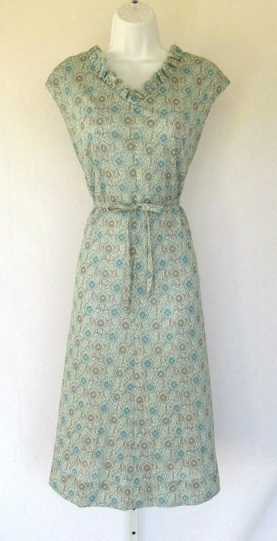 VINTAGE 1960s 70s MOD JUST’N TIME DRESS FLORAL PAISLEY BELT RUFFLE POLYESTER