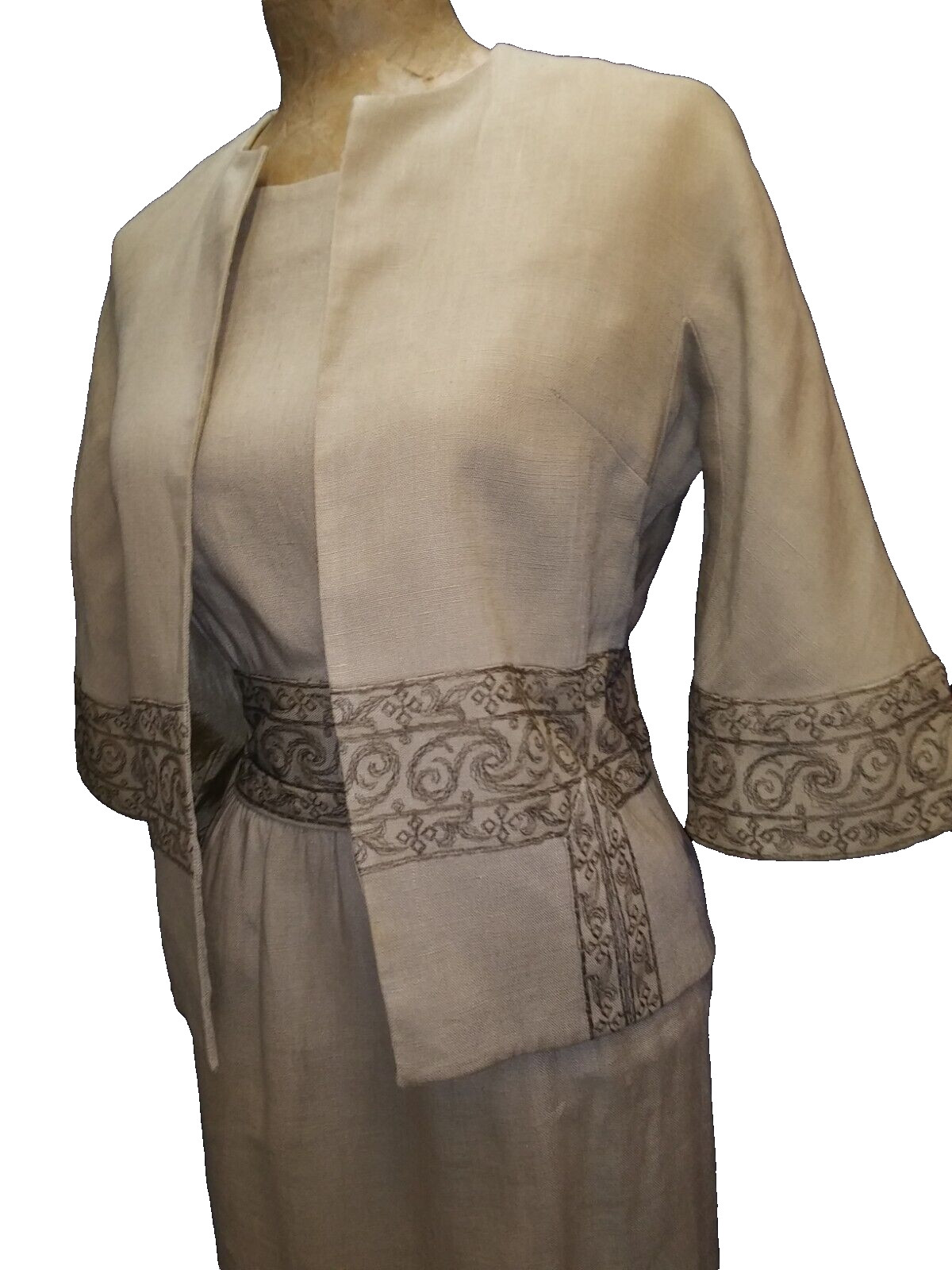 Vintage 1950’s Tan Linen Brown Embroidery Dress & Jacket Carlyle Moygashel S