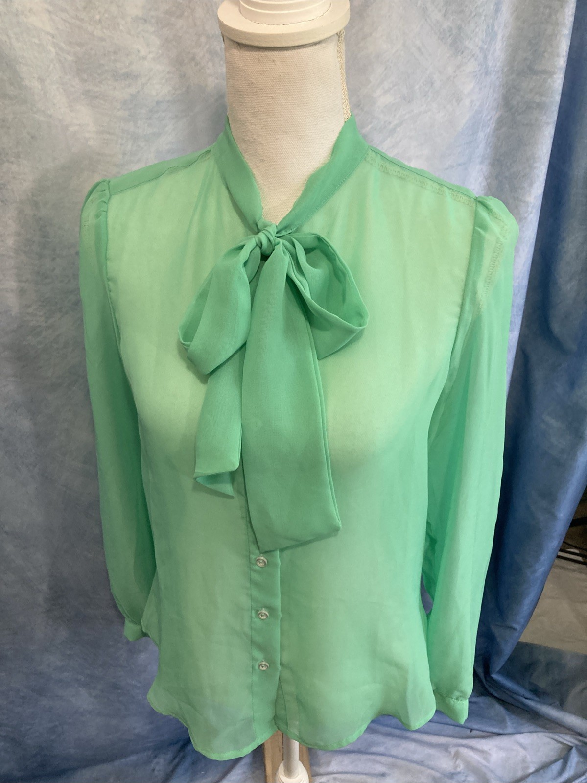 Vtg American Apparel Mint Green Chiffon Secretary Blouse S Y2K Indie Sleaze 70s