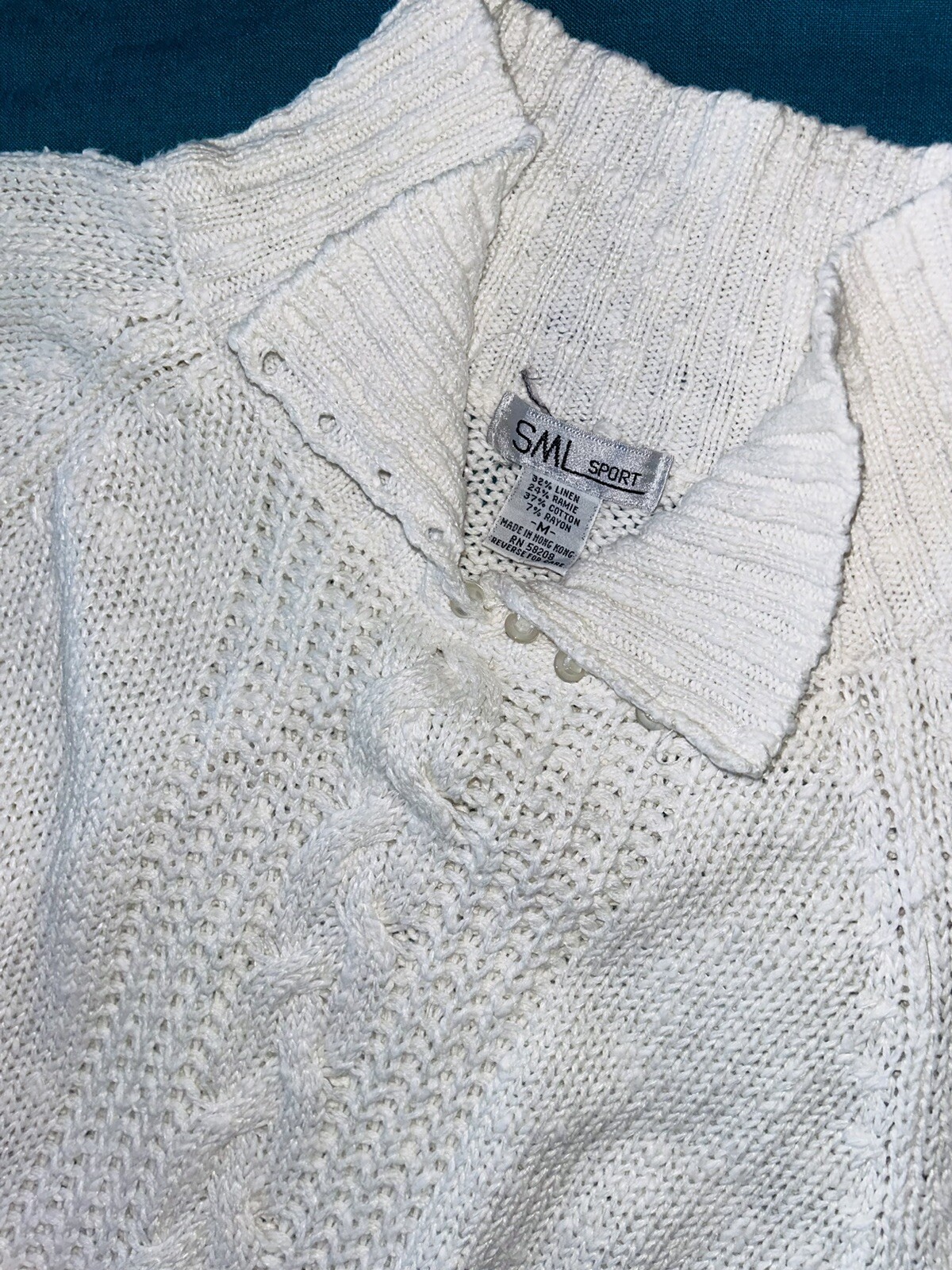 Vintage 80’s Linen Cotton Ramie Sweater SML Sport Button Collar 3/4 Sleeve S/M