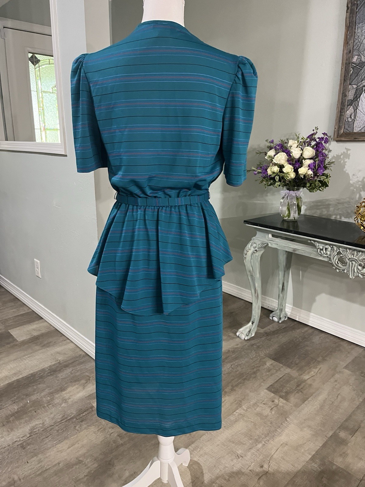 Vintage David Robin by Yvette Teal Peplum Polyester Dress Size 11/12
