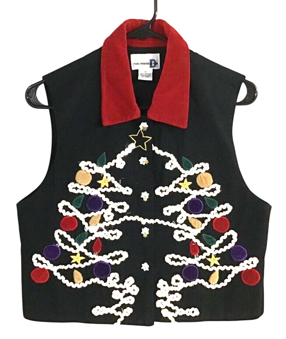 Paul Harris Design Vintage Velveteen Collared Embroidered Christmas Tree Vest