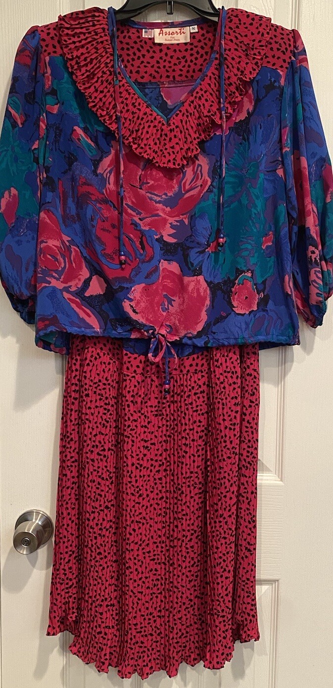 Vtg Assorti Susan Freis Pink Animal Print Pleated Dress 2 Pc Sz S Tassels Ruffle