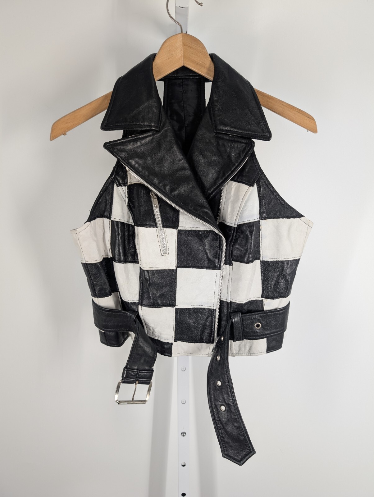 Twins Leather Co Vintage 90s Rap Checkerboard Patchwork Leather Biker Vest USA