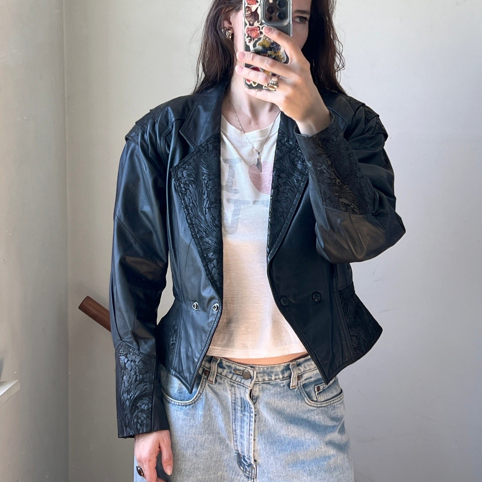 Vintage 80s Leather Jacket Black Avant Garde Cropped Biker Goth Embossed Large